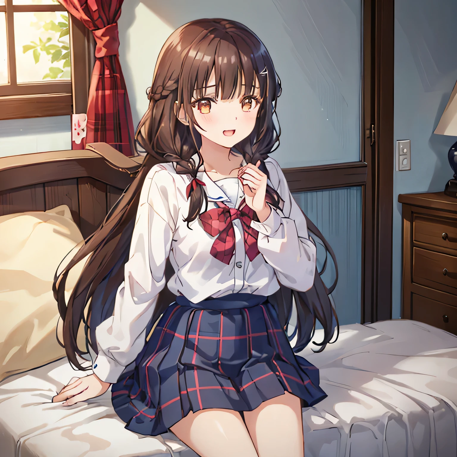 highest quality, (masterpiece:1.2), very detailed, The background is a girlish room decorated with many uniforms., 1 girl, open your mouth, nice smile, brown eyes, Long brown hair, 15 years old, long braids, big hair clip, school uniform, ((dark blue plaid skirt)), middle long skirt, white shirt, blue jacket, Golden emblem on left chest, big red ribbon on the chest, lipstick、very shiny hair、laughter、bright look、The light makes my face and hair shine, The corners of the eyes are drooping, cute braids, I&#39;m so happy I can jump up, The expression of a maiden in love, Staring at the viewer with moist eyes