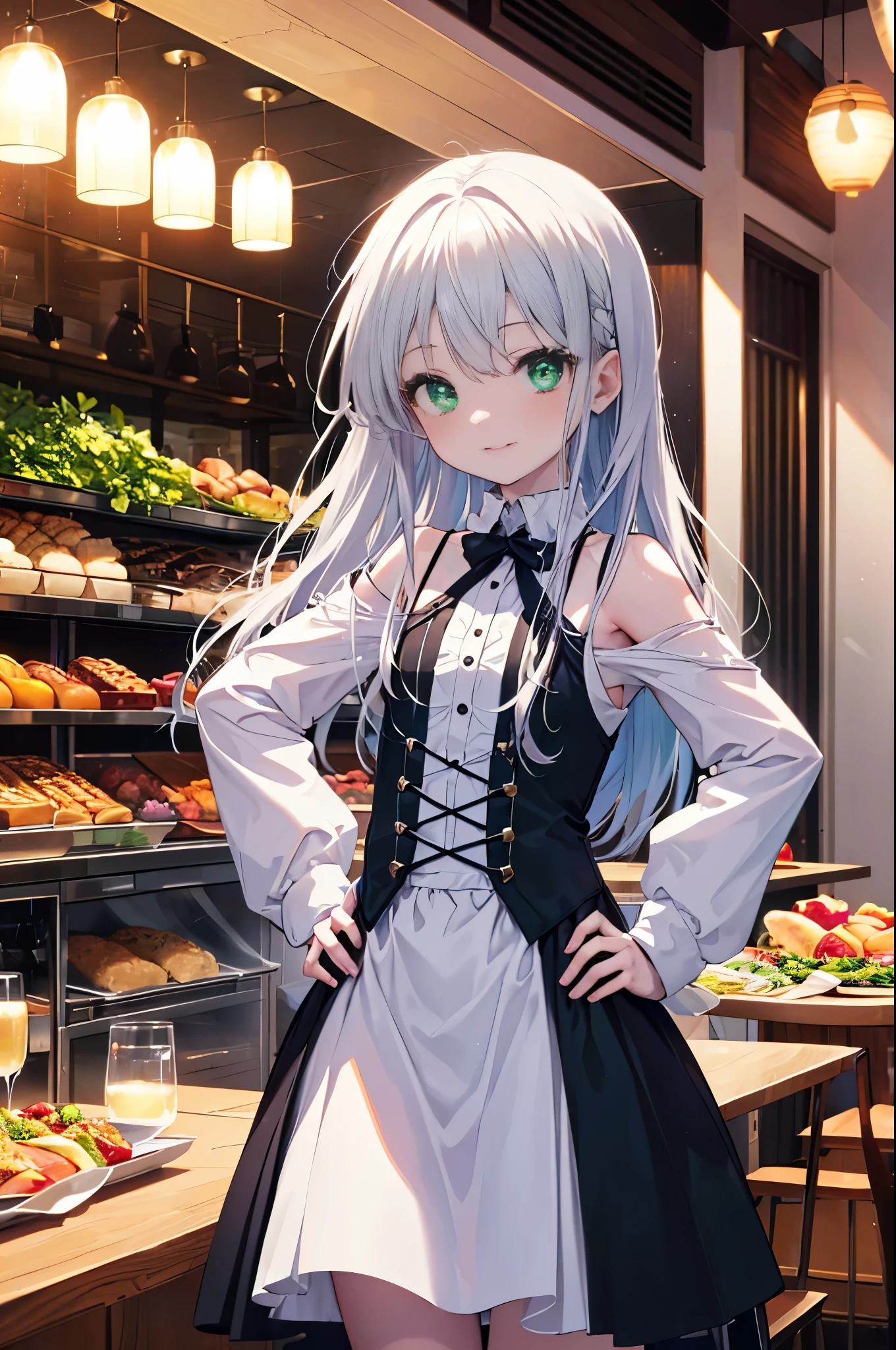 index, index, (green ruby eyes:1.5), silver hair, long hair, (flat chest:1.2),smile,blush,bossy,she was wearing a maid long skirt, white stockings on her legs,put both hands on hips,Standing in honor,bare shoulders,looking up from below,There's a lot of food on the table, break looking at viewer, Upper body, whole body, break indoors, restaurant,viking, break (masterpiece:1.2), highest quality, High resolution, unity 8k wallpaper, (figure:0.8), (detailed and beautiful eyes:1.6), highly detailed face, perfect lighting, Very detailed CG, (perfect hands, perfect anatomy),