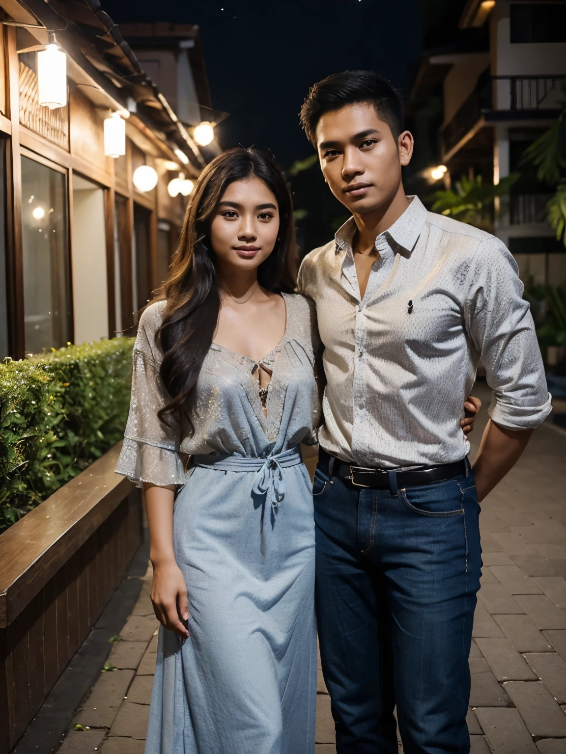 an Indonesian man and an Indonesian woman standing next to each other, an image, inspired by Adam Dario Keel, which is trending in the cg community, a handsome young Indonesian man with a beautiful young Indonesian woman with tangled hair, a man dressed in a shirt and a woman dressed in a dress and highwaist skinny jeans. singer, movie screencap, model elisajes from acquamodels
