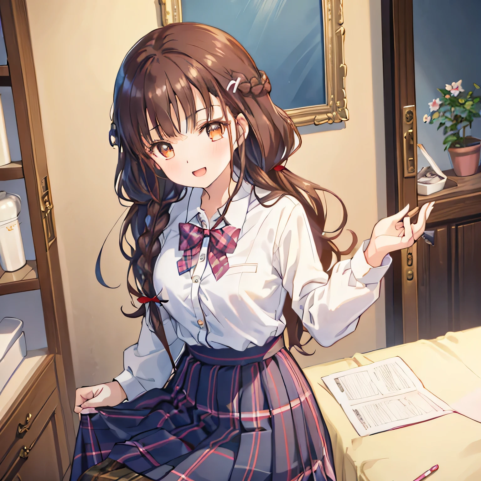 highest quality, (masterpiece:1.2), very detailed, The background is a girlish room decorated with many uniforms., 1 girl, open your mouth, nice smile, brown eyes, Long brown hair, , long braids, big hair clip, school uniform, ((dark blue plaid skirt)), middle long skirt, white shirt, blue jacket, Golden emblem on left chest, big red ribbon on the chest, lipstick、very shiny hair、laughter、bright look、The light makes my face and hair shine, The corners of the eyes are drooping, cute braids, I'm so happy I can jump up, The expression of a maiden in love, Staring at the viewer with moist eyes