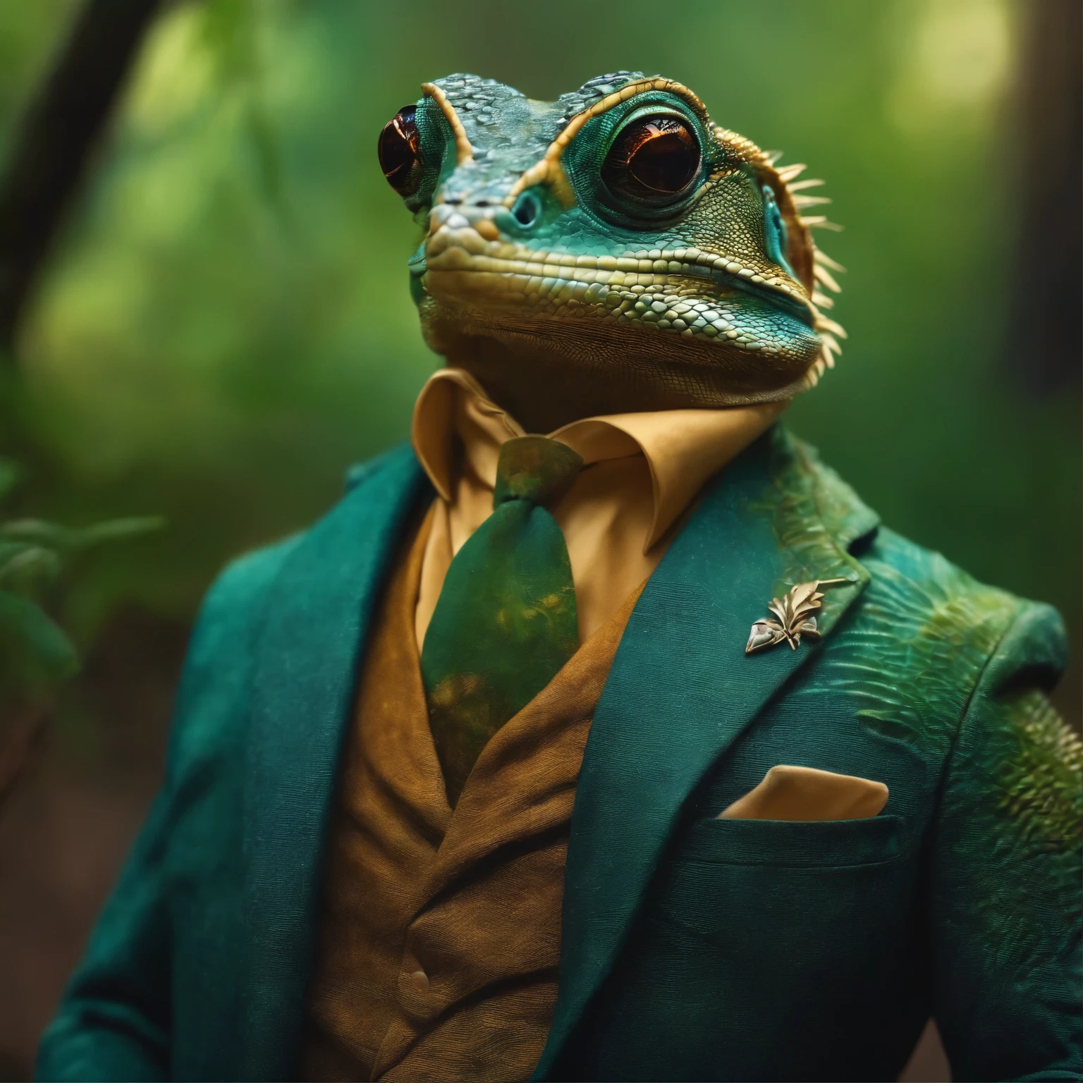 A lizard with glasses is wearing a bio suit, standing in the forest, realistic,