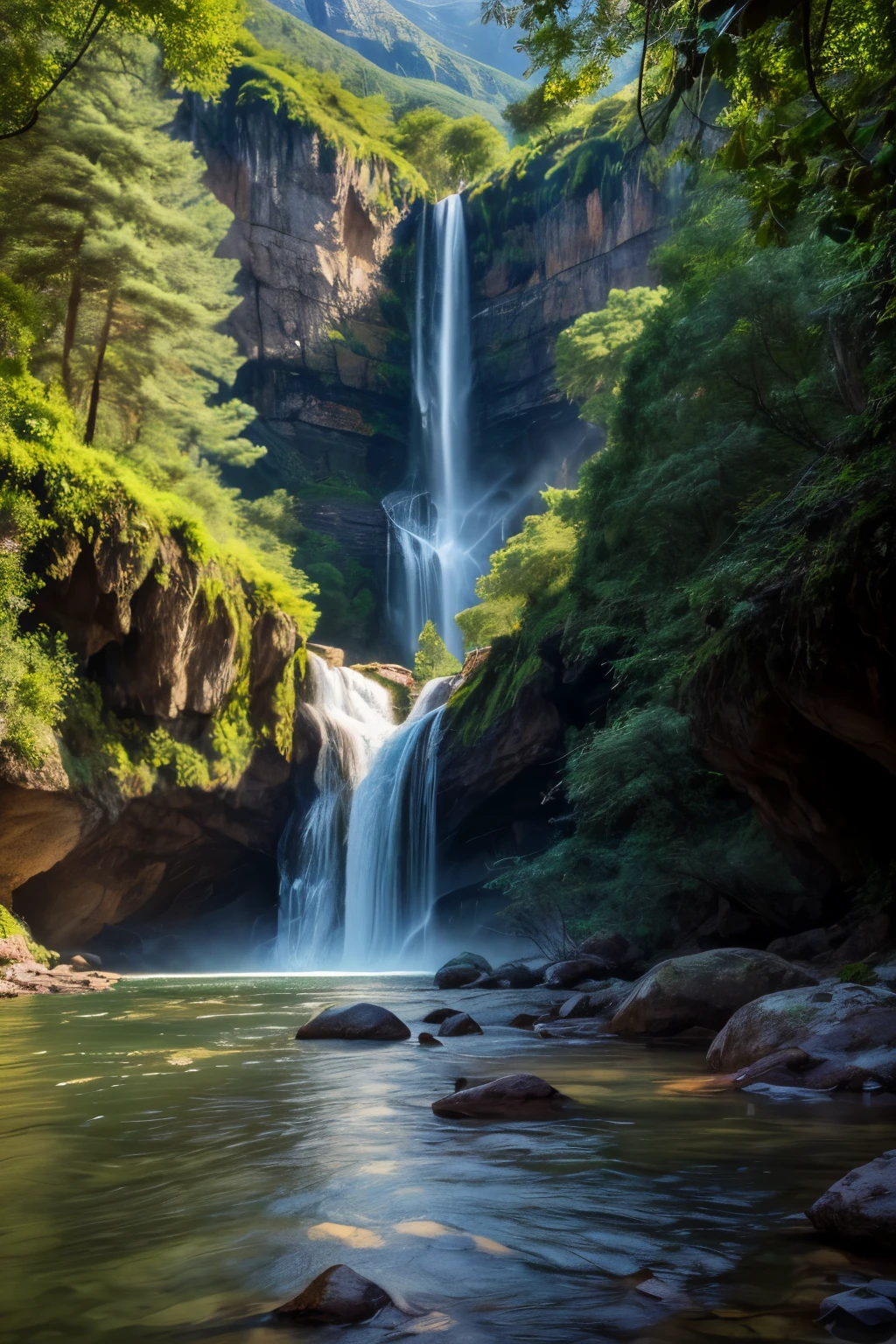 Salto Angel, great and high watetfall, beautiful mountainous area, trees, green trees, immersive background, cascading, beutiful landscape photography, hdr, raw photo