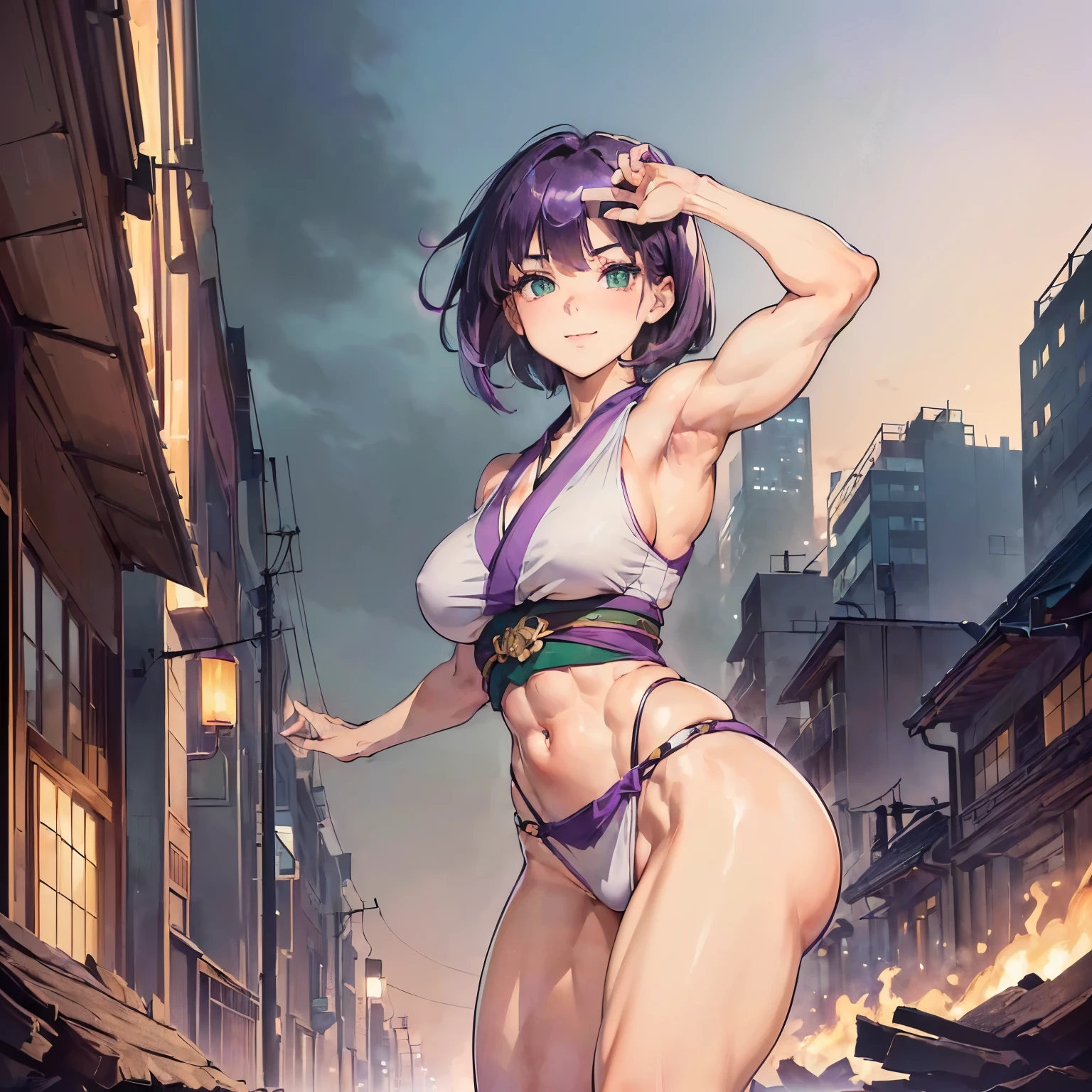 (((1girl, uyltr resolution, ultra-sharp, 8K, artwork, 25yo))), ((purple hair, very short hair, dark green eyes)), ((big breasts, strong arms ,muscular arms, muscular legs,strong legs, strong body, muscular female, Clear Skin)), wearing kimono,smiling, posing to picture, ((city background))