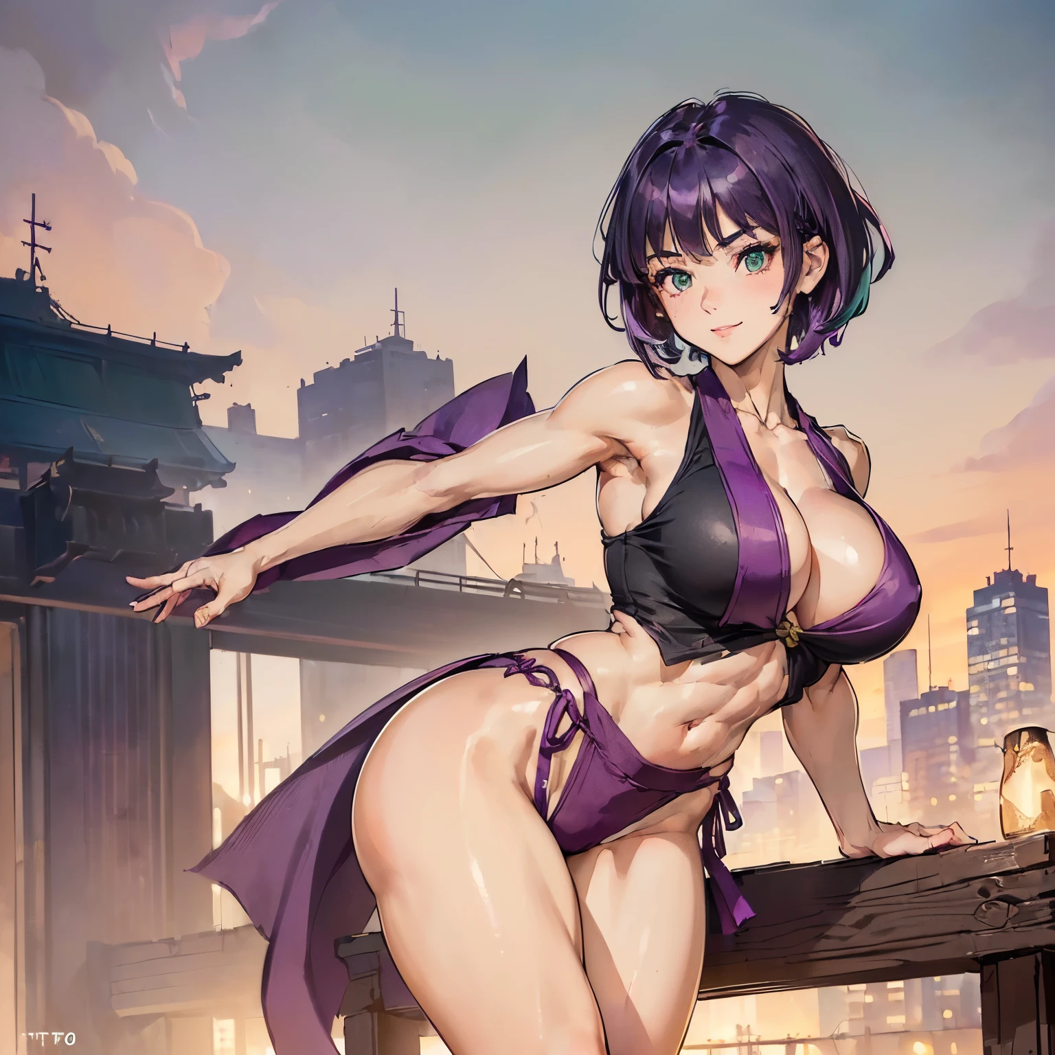 (((1girl, uyltr resolution, ultra-sharp, 8K, artwork, 25yo))), ((purple hair, very short hair, dark green eyes)), ((big breasts, strong arms ,muscular arms, muscular legs,strong legs, strong body, muscular female, Clear Skin)), wearing kimono,smiling, posing to picture, ((city background))