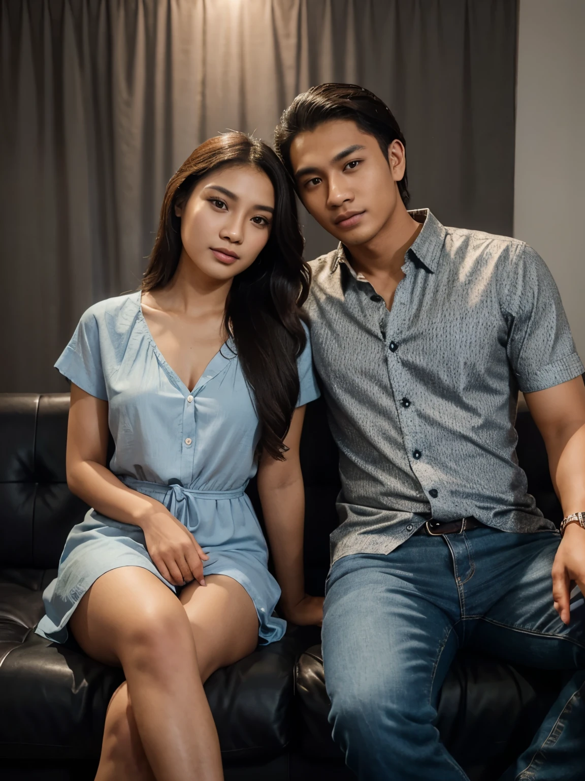 a handsome young Indonesian man with middle-parted hair, a shirt and jeans. sitting on the sofa taking a photo together with a beautiful young Indonesian woman with long wavy hair dressed in an elegant dress. in a photo studio