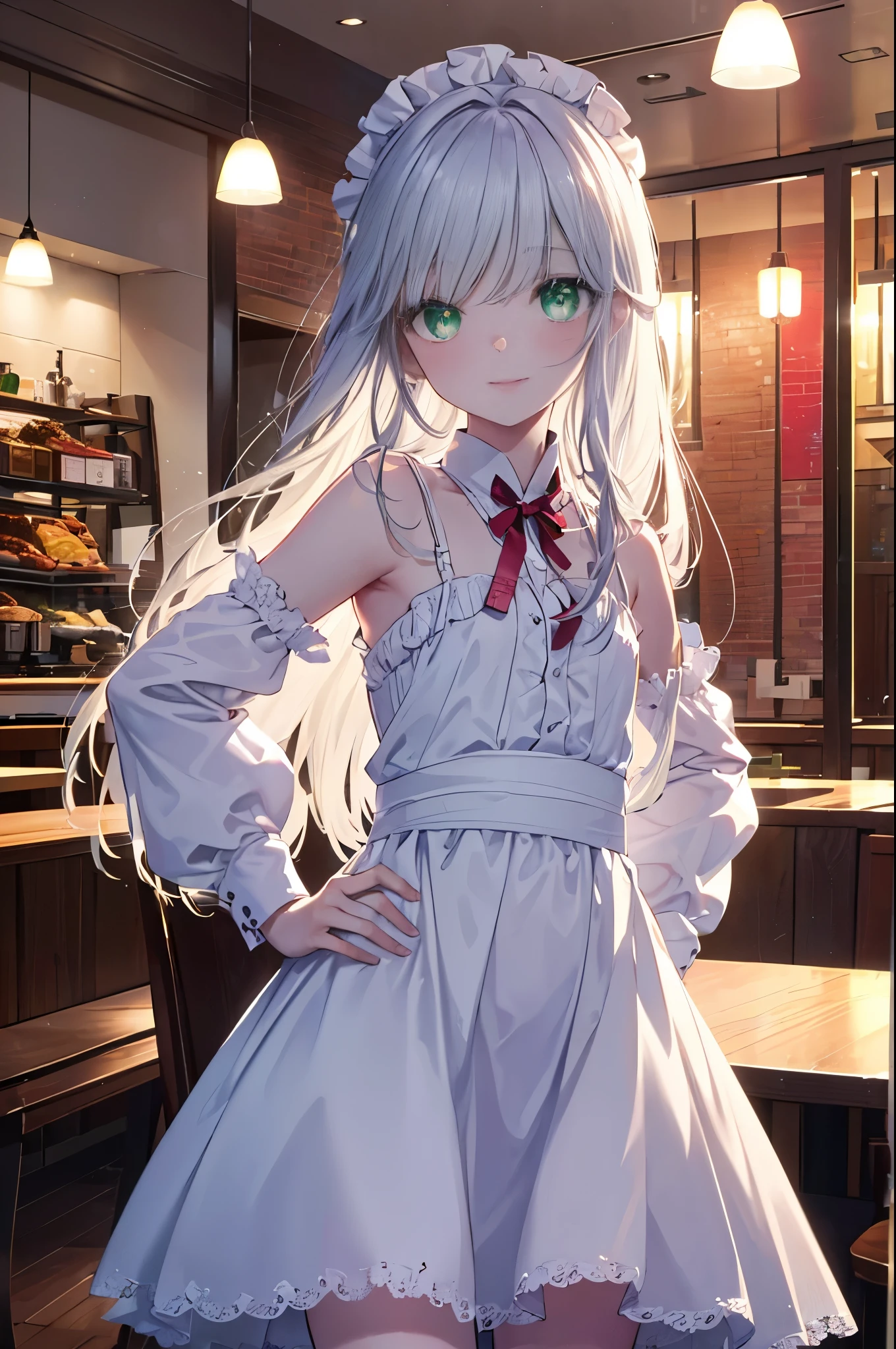 index, index, (green ruby eyes:1.5), silver hair, long hair, (flat chest:1.2),smile,blush,bossy,she was wearing a maid long skirt, white stockings on her legs,put both hands on hips,Standing in honor,bare shoulders,looking up from below,There's a lot of food on the table, break looking at viewer, Upper body, whole body, break indoors, restaurant,viking, break (masterpiece:1.2), highest quality, High resolution, unity 8k wallpaper, (figure:0.8), (detailed and beautiful eyes:1.6), highly detailed face, perfect lighting, Very detailed CG, (perfect hands, perfect anatomy),