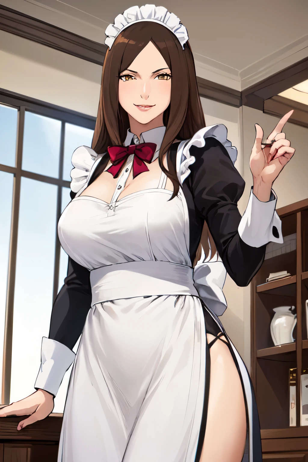 (mature female:1.4), masterpiece, best quality, brown hair, long hair, yellow eyes, large breasts, smirk, 1girl, (maid, maid headdress, maid apron), standing, indoors, window, 