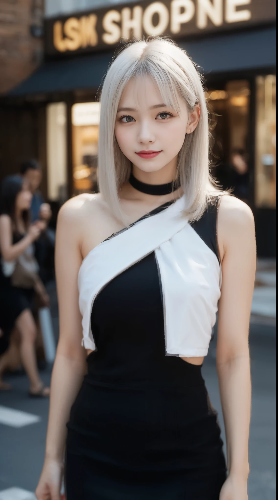 randome pose, mix4, (8K, Raw photography, top-quality, ​masterpiece: 1.45), (realisitic, Photorealsitic: 1.37), one girl with, cute little, A smile、Cityscape, natta, profetional lighting, cafes,Street,photon maping, Radio City, physically-based renderingt, Gradient black hair, white  hair, Semi-long loose hair,gals,a handsome, girl with, large full breasts,off shoulders, Tight clothes,Onepiece,Tight skirt,top-qualityの, hight resolution, 1080p, (clearface), (Detailed face description), (Detailed hand description), (​masterpiece), lifelike, extreme light and shadows, dishevled hair, ​masterpiece, lush detail, (Fine facial features), (Highest Quality Photos), (​masterpiece), (finely eye), dual、Look in front of you, Fine clavicle,Emphasis on the armpits、Show lower milk