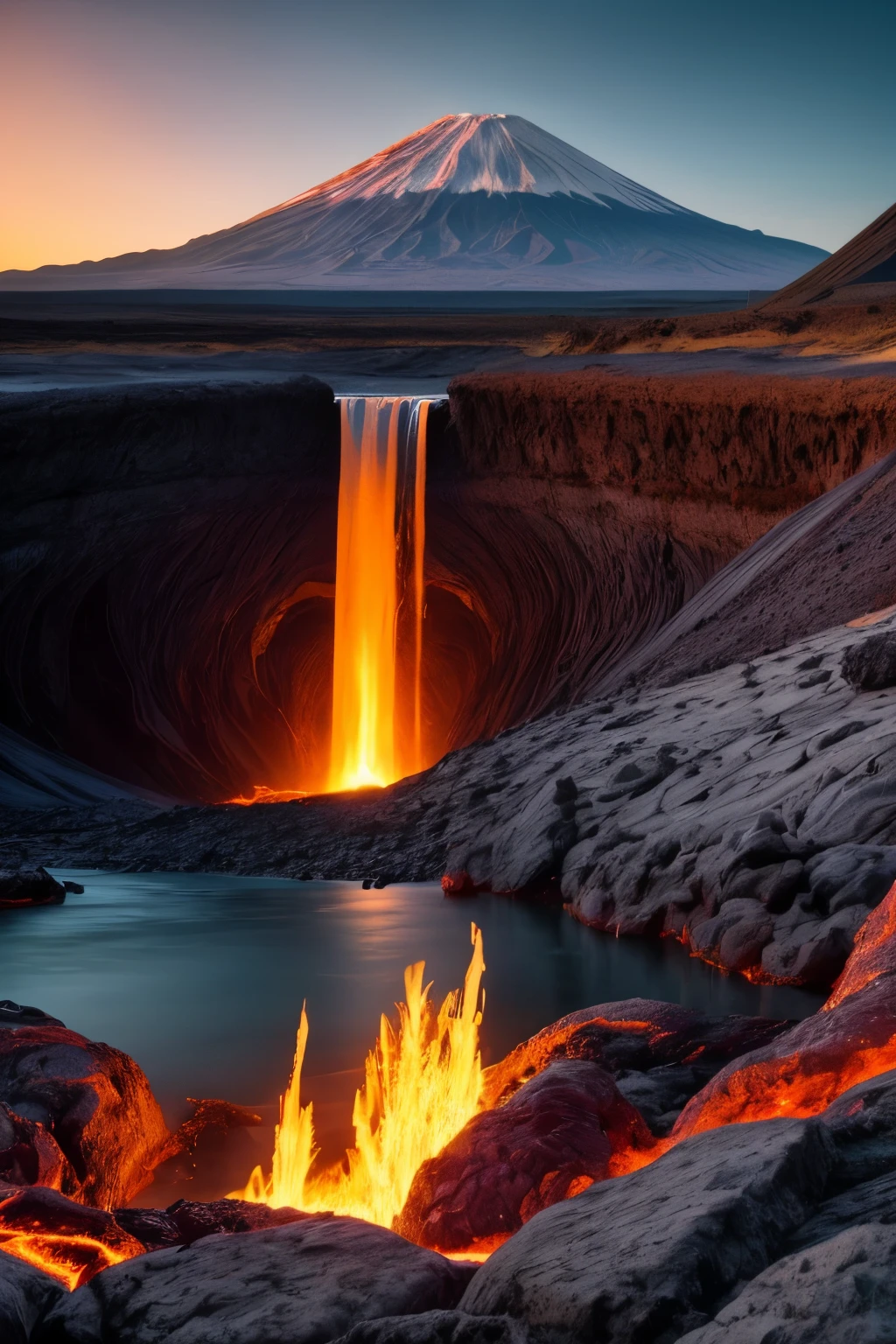 great lava waterfall, lava, magma river, volcano, beautiful mountainous area, water vapor from a lake into which magma flows, immersive background, cascading, beutiful landscape photography, hdr, raw photo