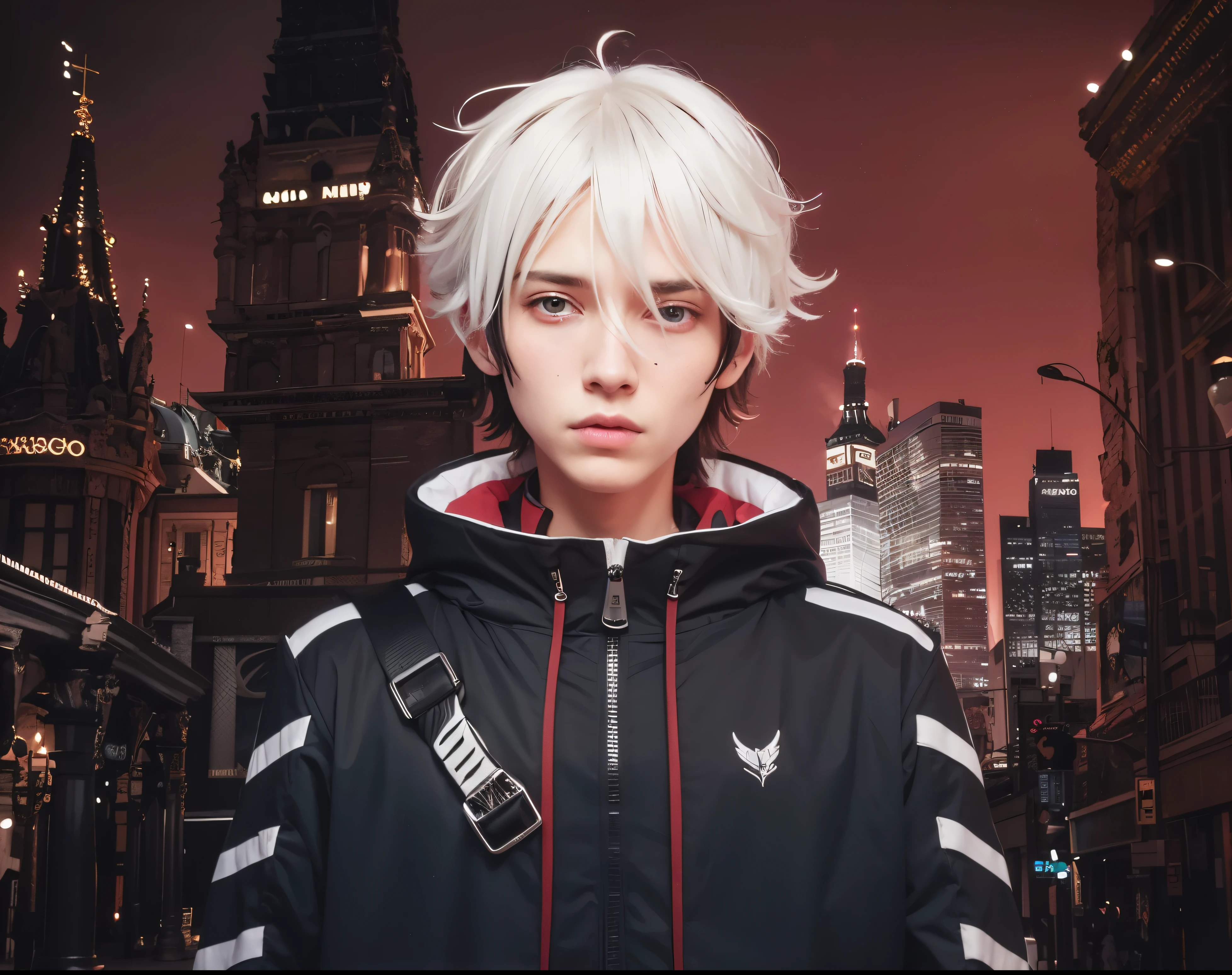 rosto masculino, 1 homem, rosto dos homens, homem adulto, Bonito, cabelo curto spike,cabelo BRANCO com mechas pretas, Serious, white hair on top and black on bottom,olhos vermelhos, red contact lenses in eyes, brinco azul na orelha esquerda, left arm covered in bandages, jaqueta tech wear Preto com detalhes brancos e vermelhos, backpack strap on chest, Red gloves on hands, Realista, mais detalhes, Antecedentes ciberpunk, mola 70 mm