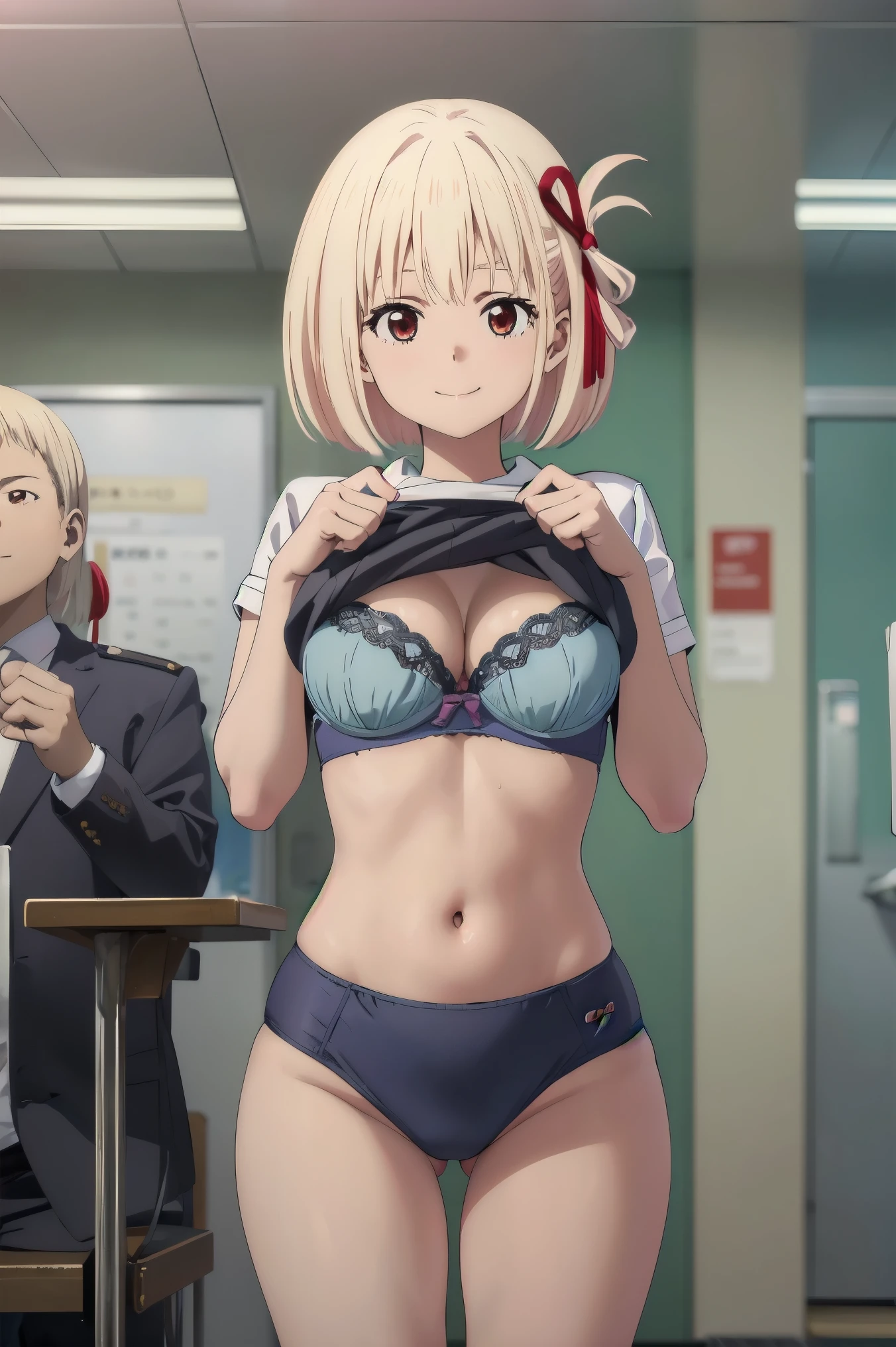 (((Pixel perfect, Perfect details))), alone, 1 girl, Chisato Nishiki,  looking at the audience, Smile, (((She lifted her shirt, Reveal under her bra))).