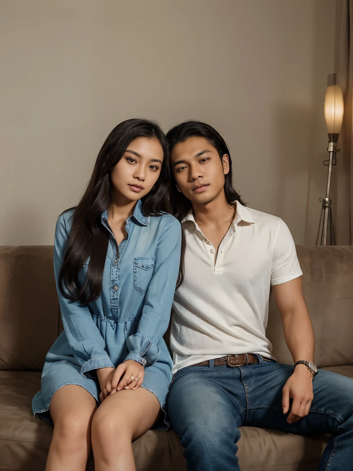 a handsome young Indonesian man with middle-parted hair, a shirt and jeans. sitting on the sofa taking a photo together with a beautiful young Indonesian woman with long wavy hair dressed in an elegant dress. in a photo studio