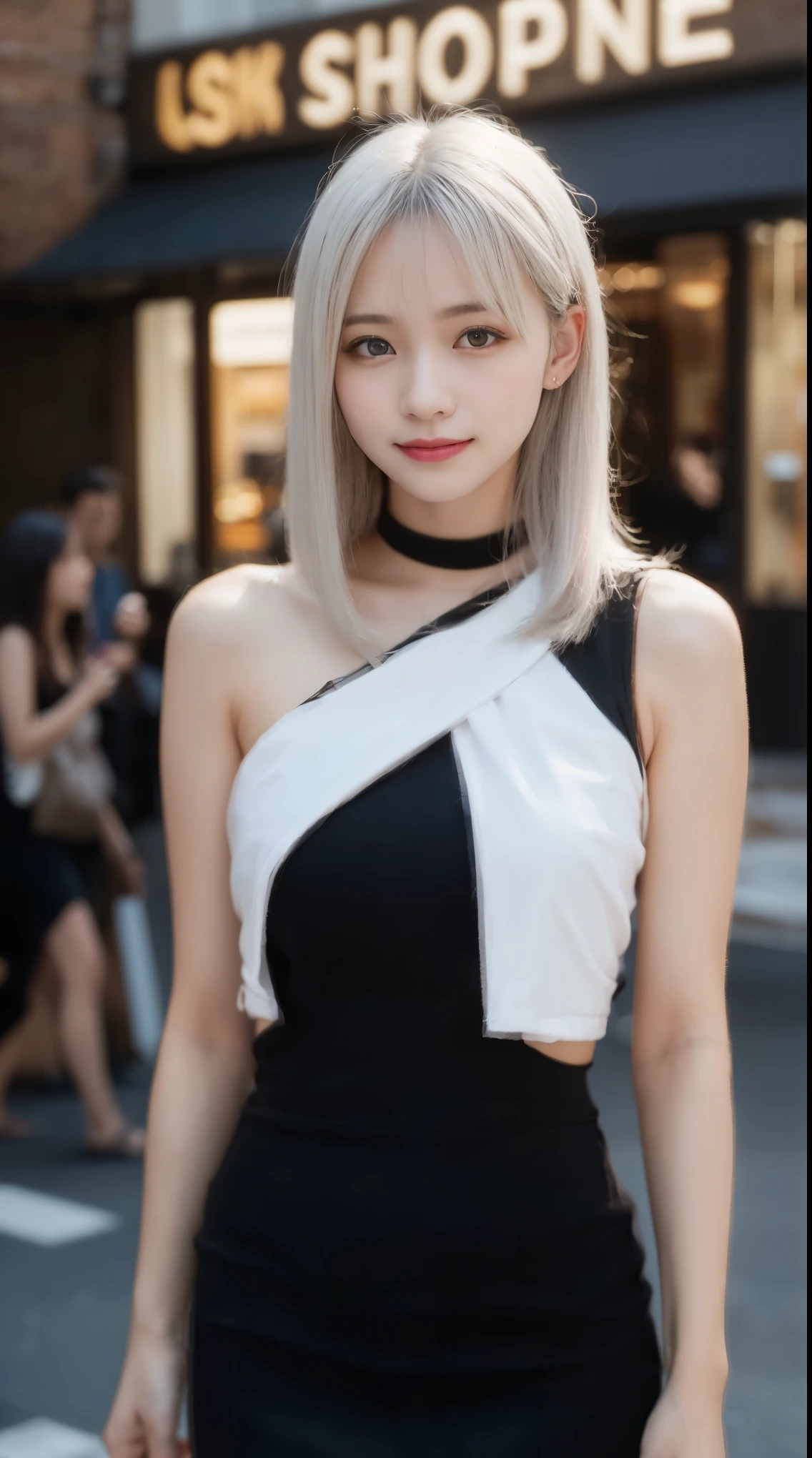 randome pose, mix4, (8K, Raw photography, top-quality, ​masterpiece: 1.45), (realisitic, Photorealsitic: 1.37), one girl with, cute little, A smile、Cityscape, natta, profetional lighting, cafes,Street,photon maping, Radio City, physically-based renderingt, Gradient black hair, white  hair, Semi-long loose hair,gals,a handsome, girl with, large full breasts,off shoulders, Tight clothes,Onepiece,Tight skirt,top-qualityの, hight resolution, 1080p, (clearface), (Detailed face description), (Detailed hand description), (​masterpiece), lifelike, extreme light and shadows, dishevled hair, ​masterpiece, lush detail, (Fine facial features), (Highest Quality Photos), (​masterpiece), (finely eye), dual、Look in front of you, Fine clavicle,Emphasis on the armpits、Show lower milk