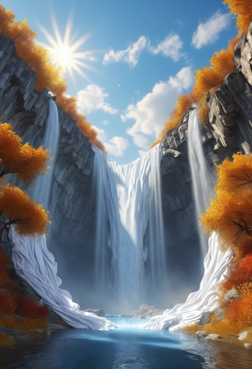 high altitude Waterfall gushes forth, Breaking open the blue vault of heaven, Like a strip of white cloth cut out, sun hangs in the autumn sky, fantasy art, (best quality, masterpiece, Representative work, official art, Professional, Ultra intricate detailed, 8k:1.3)