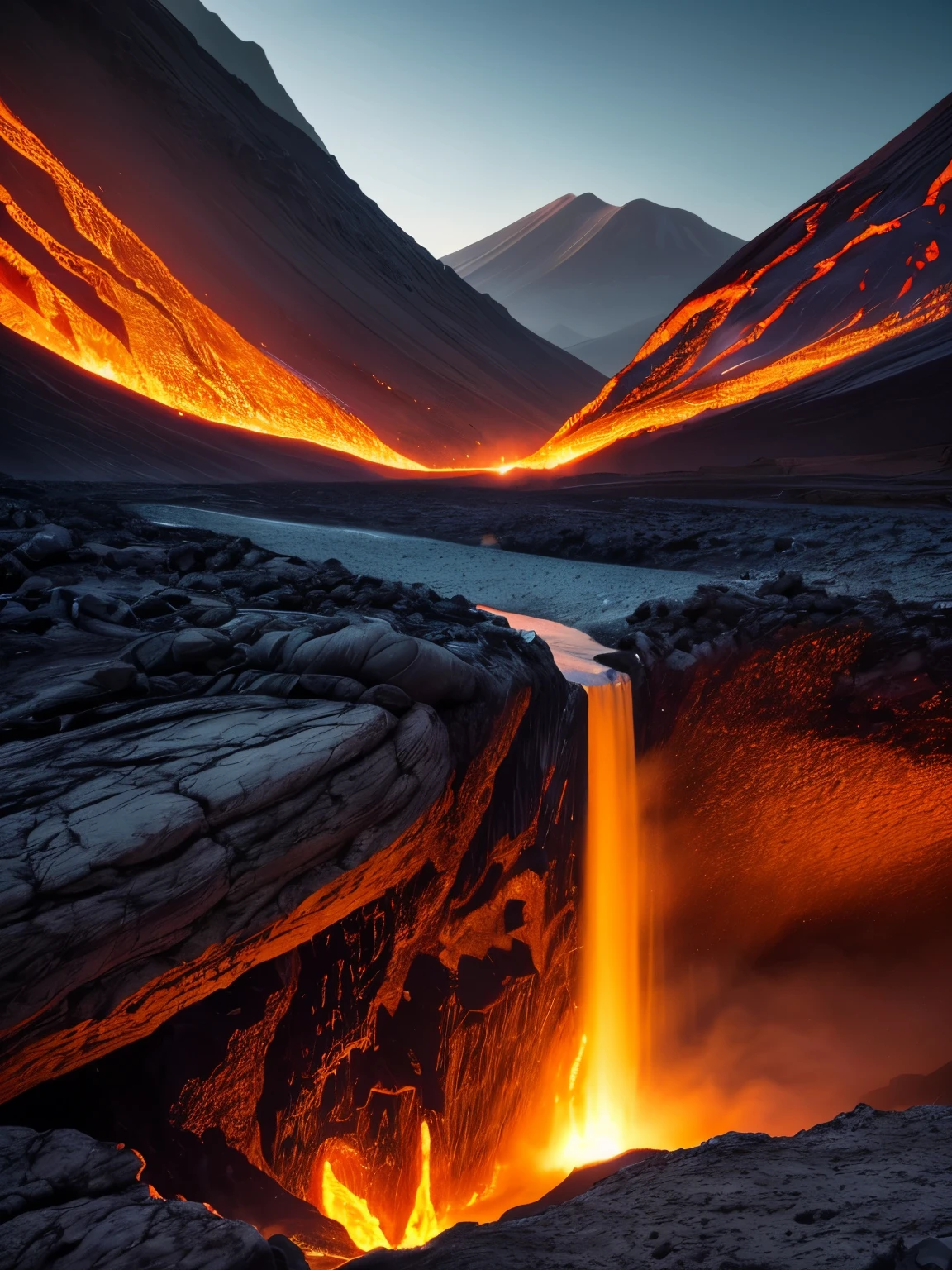great lava waterfall, lava, magma, volcano, beautiful mountainous area, immersive background, cascading, beutiful landscape photography, long exposure time,, hdr, raw photo