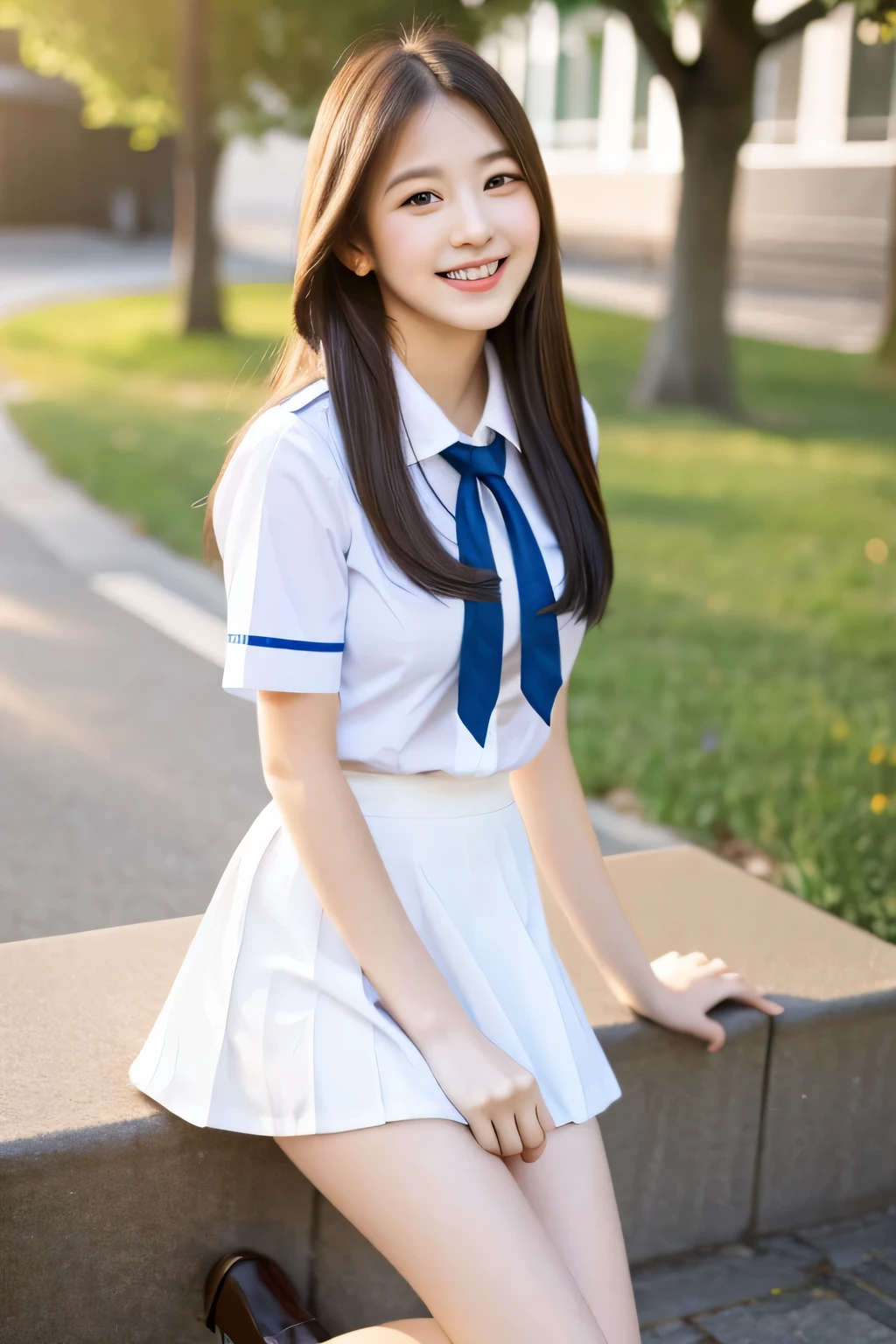 (8k), (highest quality: 1.2), (realistic), (realistic: 1.37), ultra high resolution, 1 girl, cute, smile, beautiful details, beautiful nose, whole body, school uniform, thighs, white mini skirt, sexy