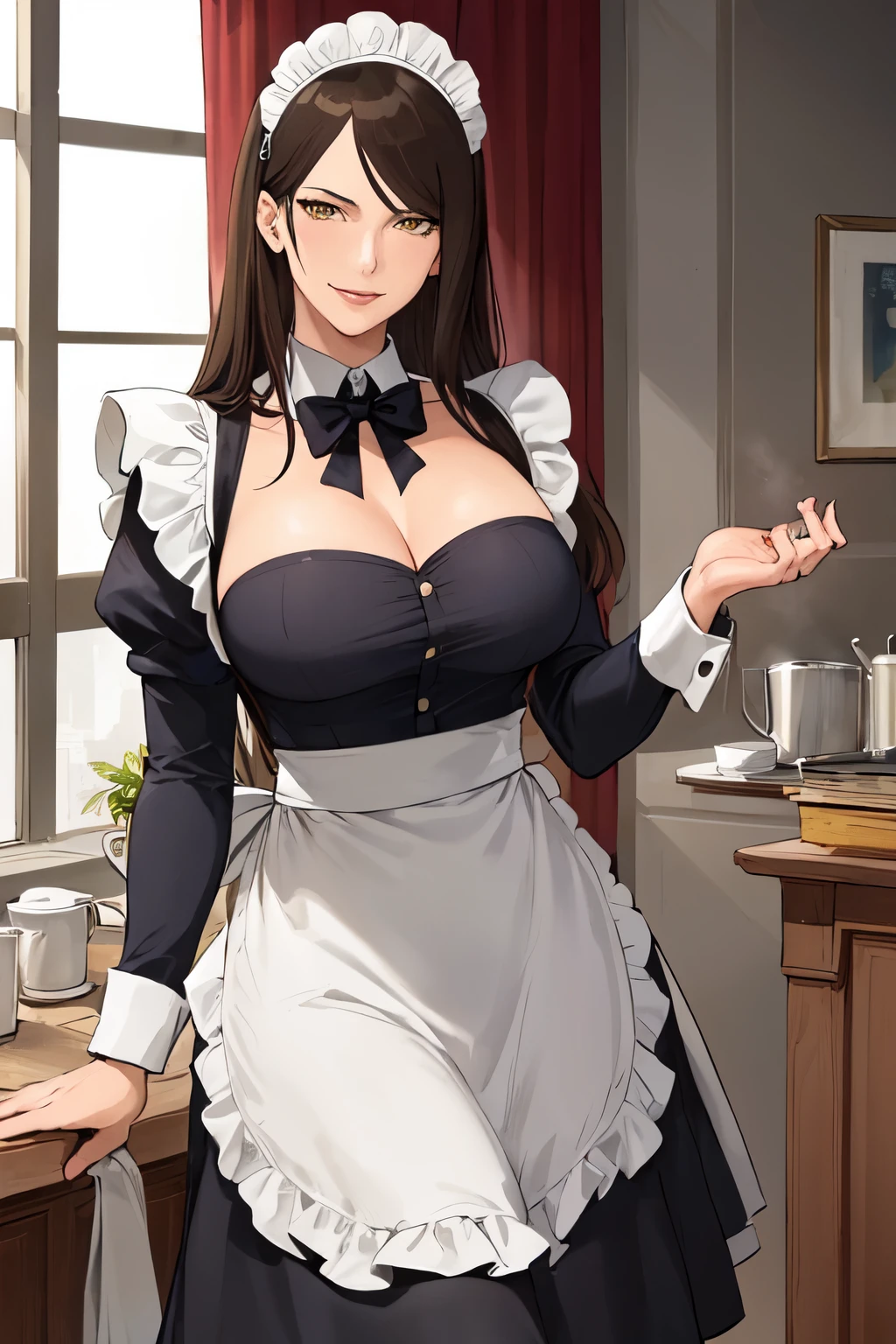 (mature female:1.4), masterpiece, best quality, brown hair, long hair, yellow eyes, large breasts, smirk, 1girl, (maid, maid headdress, maid apron), standing, indoors, window, light ray