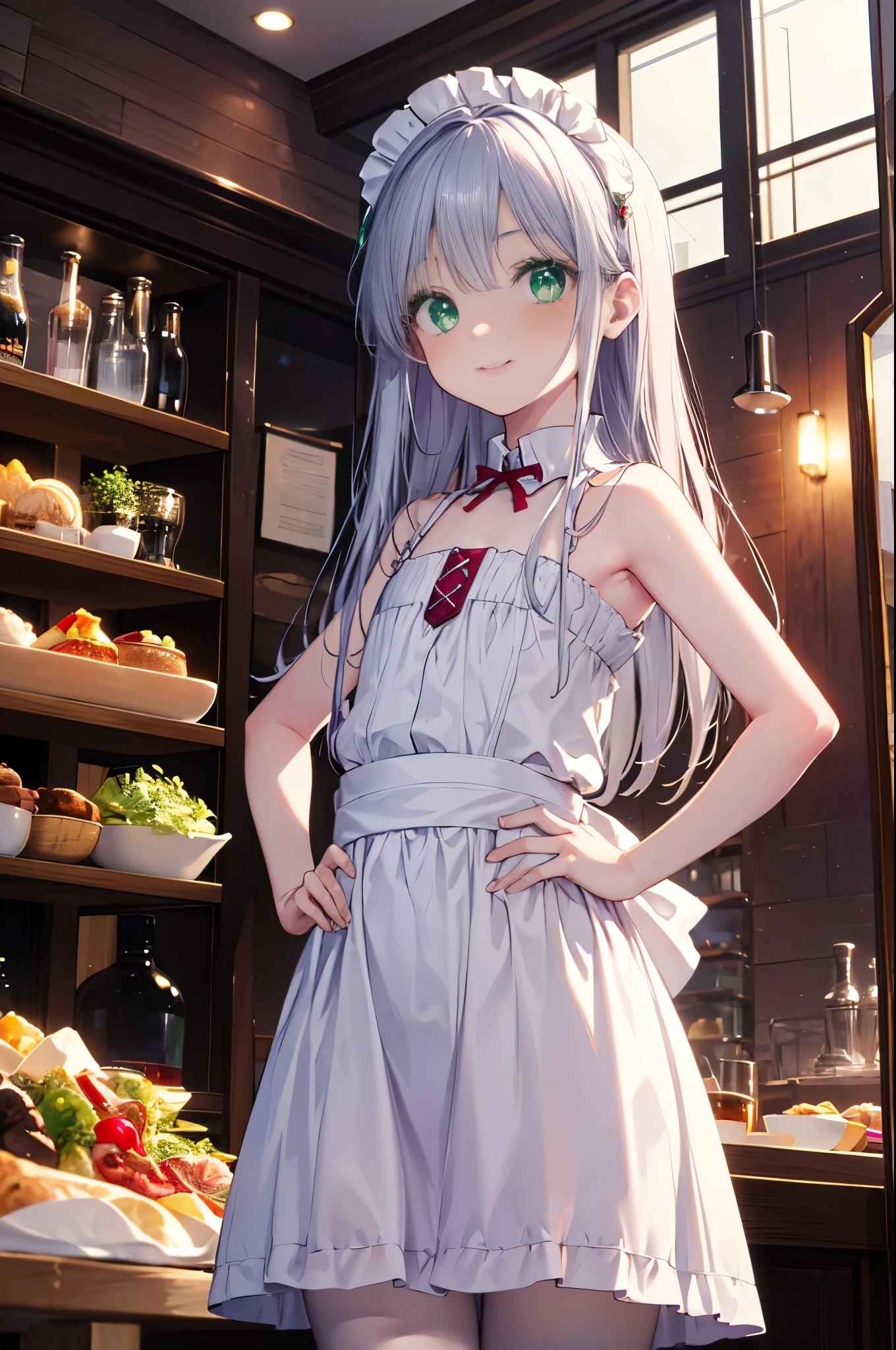 index, index, (green ruby eyes:1.5), silver hair, long hair, (flat chest:1.2),smile,blush,bossy,she was wearing a maid long skirt, white stockings on her legs,put both hands on hips,Standing in honor,bare shoulders,looking up from below,There&#39;s a lot of food on the table, break looking at viewer, Upper body, whole body, break indoors, restaurant,viking, break (masterpiece:1.2), highest quality, High resolution, unity 8k wallpaper, (figure:0.8), (detailed and beautiful eyes:1.6), highly detailed face, perfect lighting, Very detailed CG, (perfect hands, perfect anatomy),