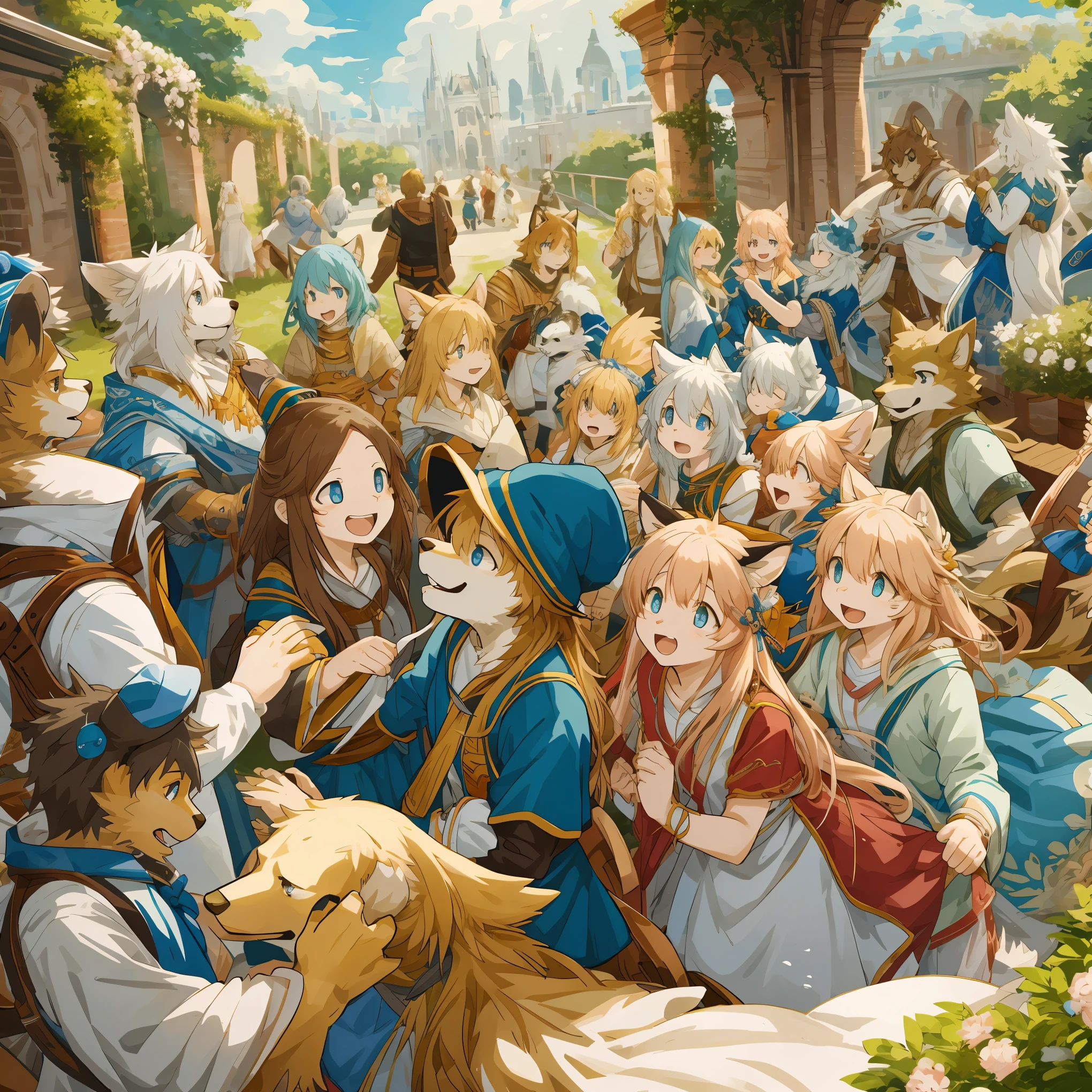 dynamic angle, top quality, best quality, High-quality illustrations, masterpiece, super high resolution, detailed background, detailed background, Romeo and Juliet, group shot:0.1, 6+boys, 6+girls, Happy, joyful, absurdres(highly detailed beautiful face and eyes)perfect anatomy(kemono, furry anthro),