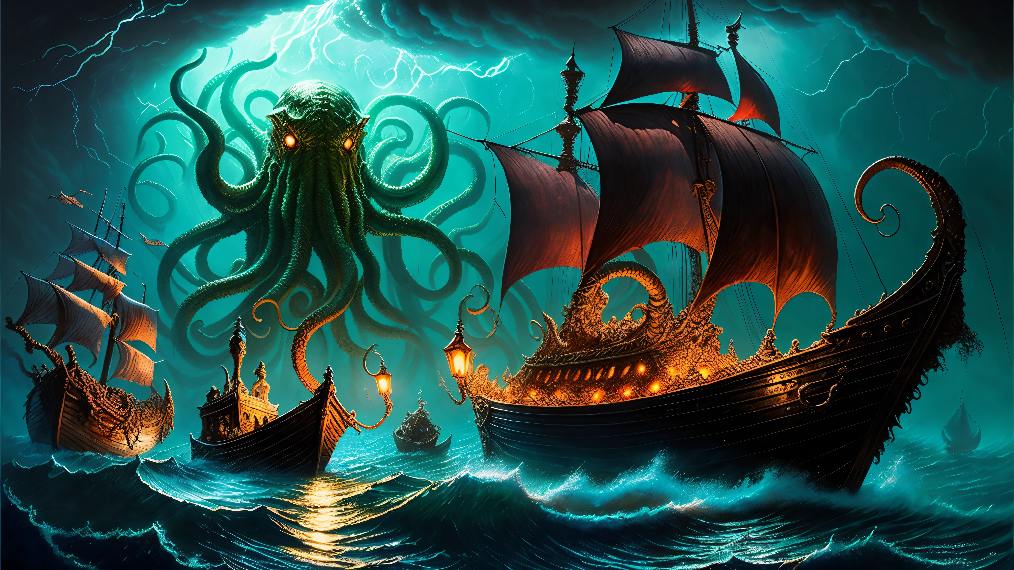 1 Giant Cthulhu  ,  crawl, fantasy, ocean,Boat, Boat,  Blood, tangled, 
light , storm, 
(photoactual, detailed, actual, by Adrian Smith, Jason Edmiston Jean-Baptiste Monchem , joorua , John Birkey	)
