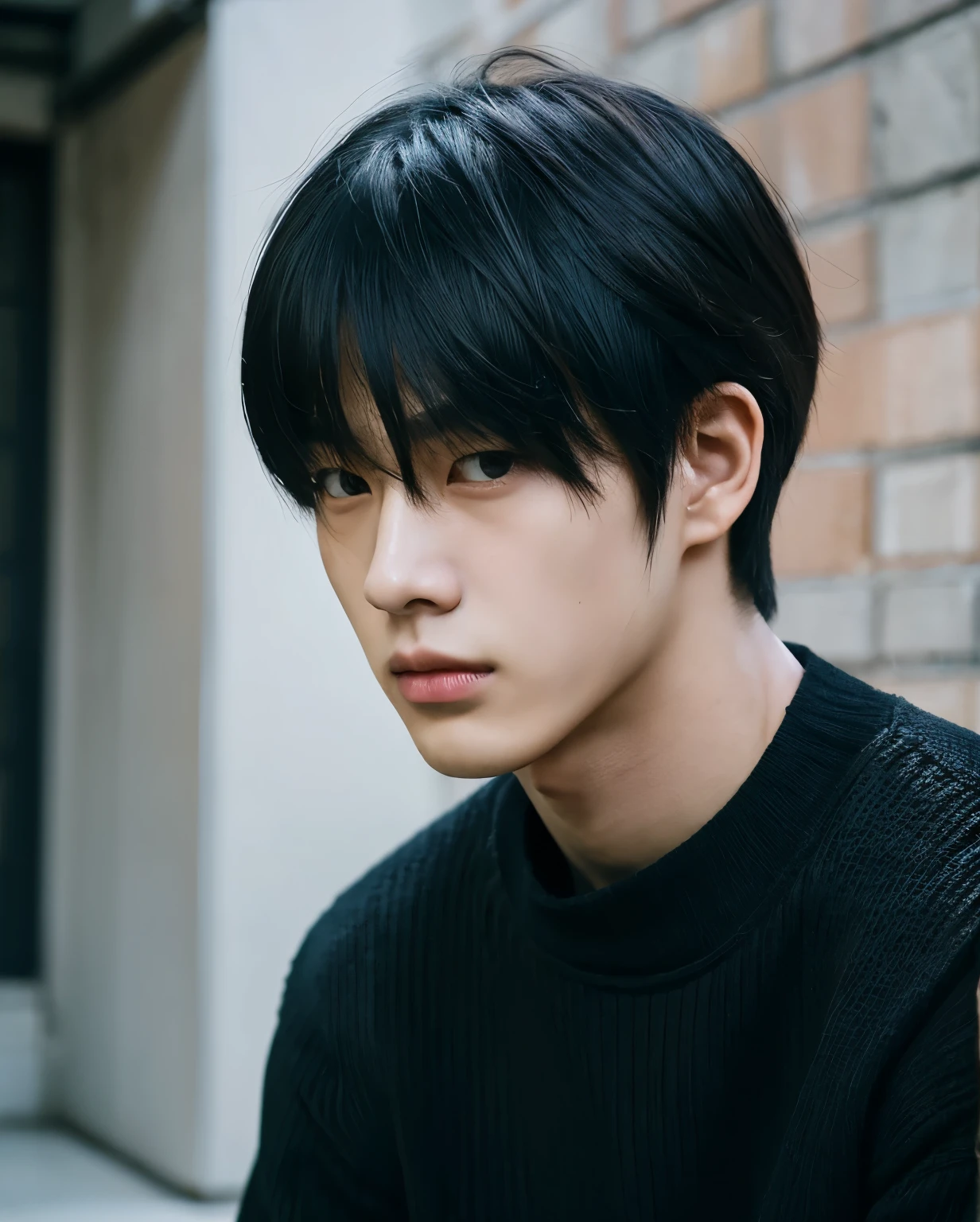 Close-up of a man in a black shirt and black sweater, Inspired by Woo Doo hwan Inspired by Bian Shoumin, portrait of jossi of blackpink, jinyoung shin aesthetic, Male ulzzang, Soft portrait shot 8 K, bladee from drain gang, 1 7 - year - old boy thin face, two block haircut