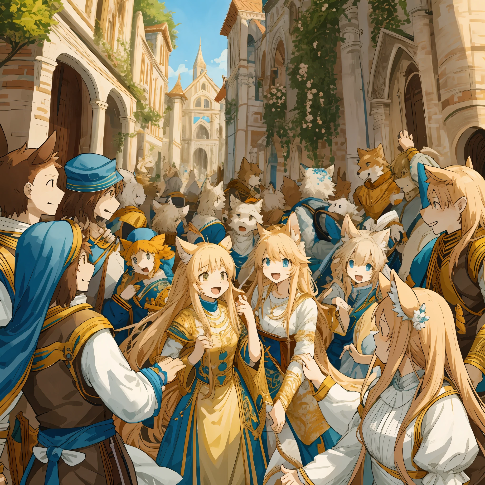 dynamic angle, top quality, best quality, High-quality illustrations, masterpiece, super high resolution, detailed background, detailed background, Romeo and Juliet, group shot:0.1, 6+boys, 6+girls, Happy, joyful, absurdres(highly detailed beautiful face and eyes)perfect anatomy(kemono, furry anthro),