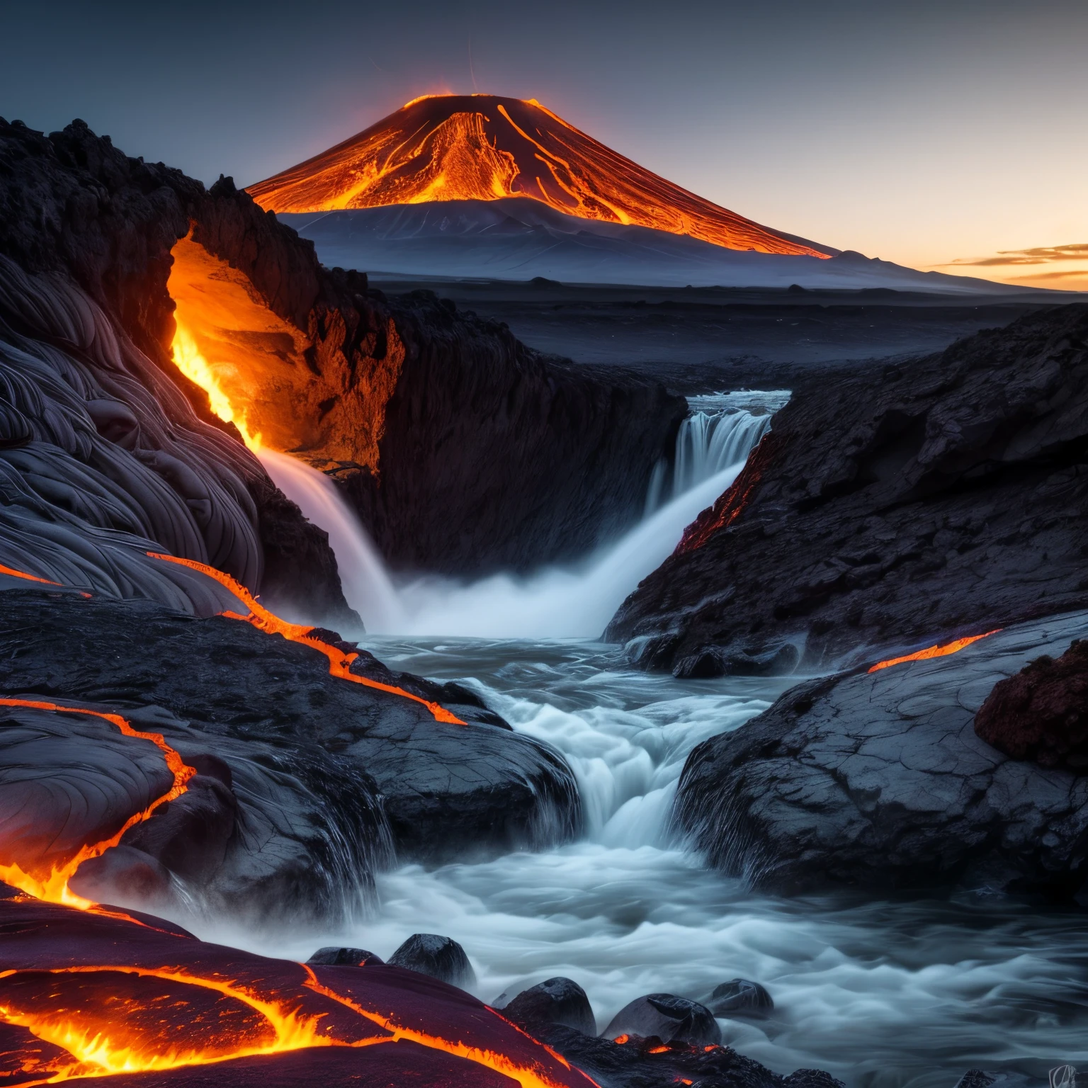 great lava waterfall, lava, magma river, volcano, beautiful mountainous area, water vapor from a lake into which magma flows, immersive background, cascading, beutiful landscape photography, long exposure time,, hdr, raw photo