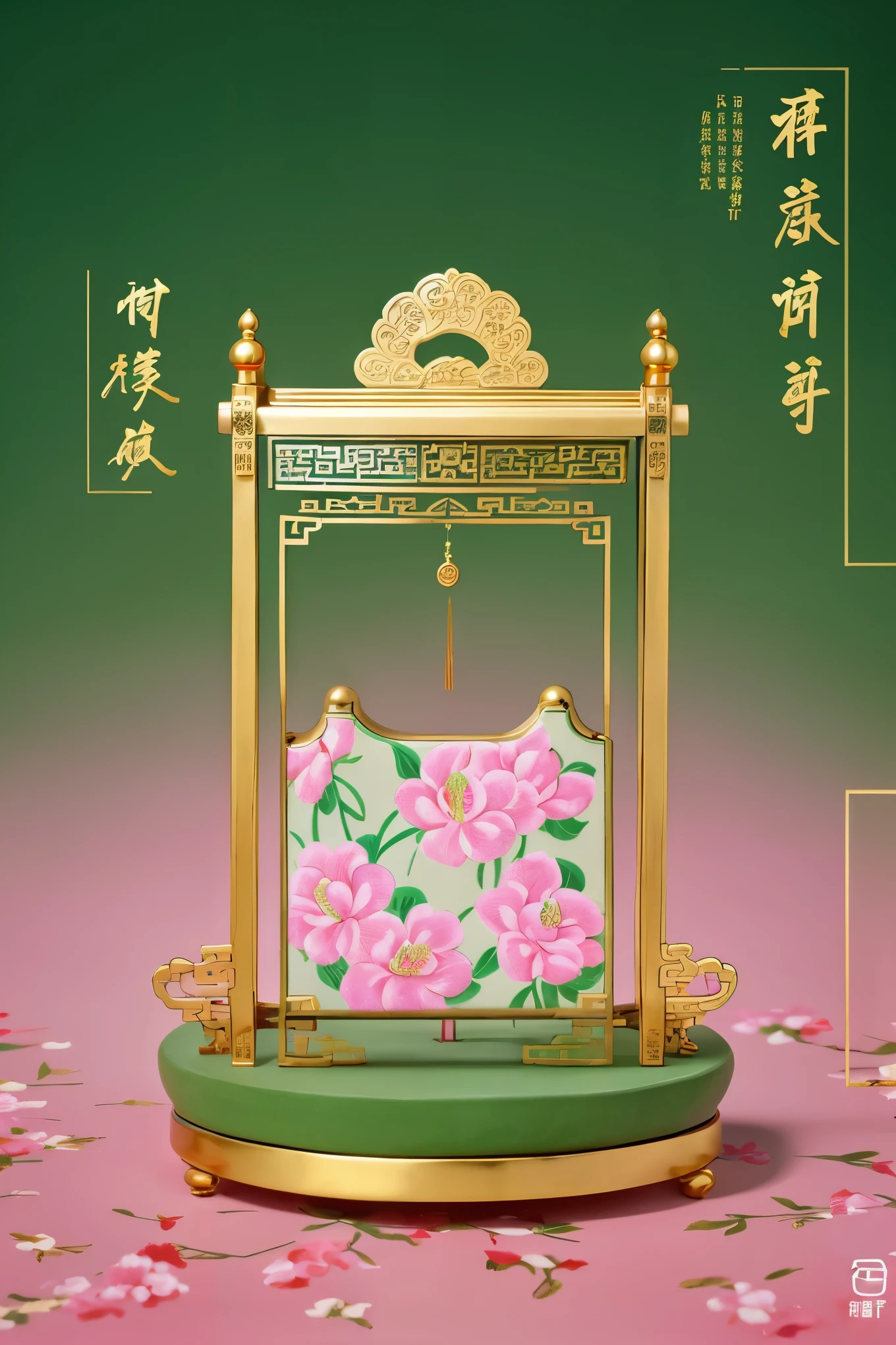 spring,Chinese pastry，Gold ingot appears，porcelain，HD，meticulous painting,pastry table，New Chinese style，get rich,pink,green，Qing Dynasty，vase，rockery，Matisse pattern