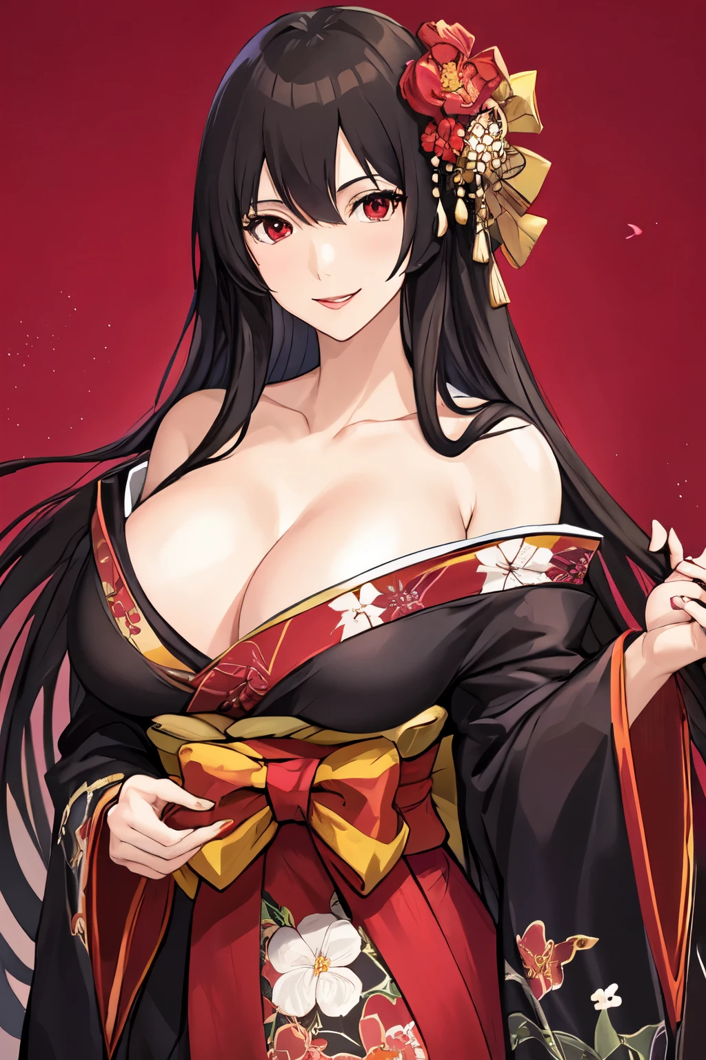 (masterpiece, best quality), mature female, bare shoulders, black kimono, breasts, brown hair, cleavage, collarbone, floral print, hair ornament, japanese clothes, kimono, large breasts, long hair, looking at viewer, off shoulder, red eyes, smile, solo, transparent background, very long hair, wide sleeves