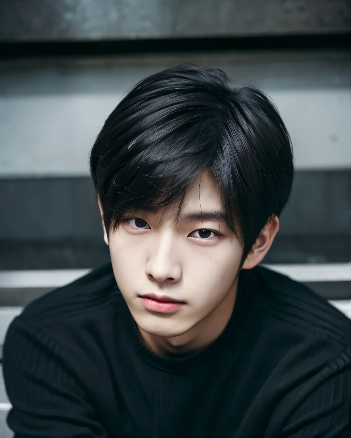 Close-up of a man in a black shirt and black sweater, Inspired by Woo Doo hwan Inspired by Bian Shoumin, portrait of jossi of blackpink, jinyoung shin aesthetic, Male ulzzang, Soft portrait shot 8 K, bladee from drain gang, 1 7 - year - old boy thin face, two block haircut