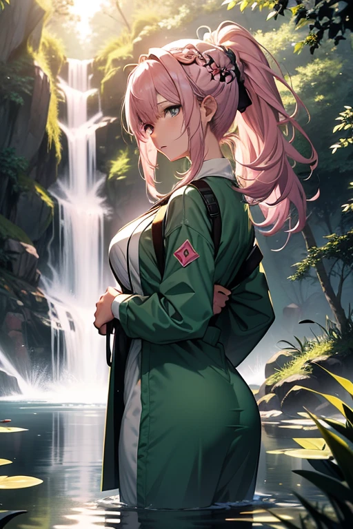 In the heart of a tranquil forest, a woman with pink hair wearing a vintage nurse uniform, reminiscent of Florence Nightingale in the anime world, takes a pause. She squats at the edge of a crystal-clear pond, her ponytail cascading down her back, a long braid hanging loosely over one shoulder. The scene is rendered in breathtaking realism, with a Venus Body that is true to life, showcasing a full figure with both sophistication and sensuality.

Captured in 8K, this high-definition, best quality image is a masterpiece, with intricate details and high resolution that highlight every curve and texture. Her pink