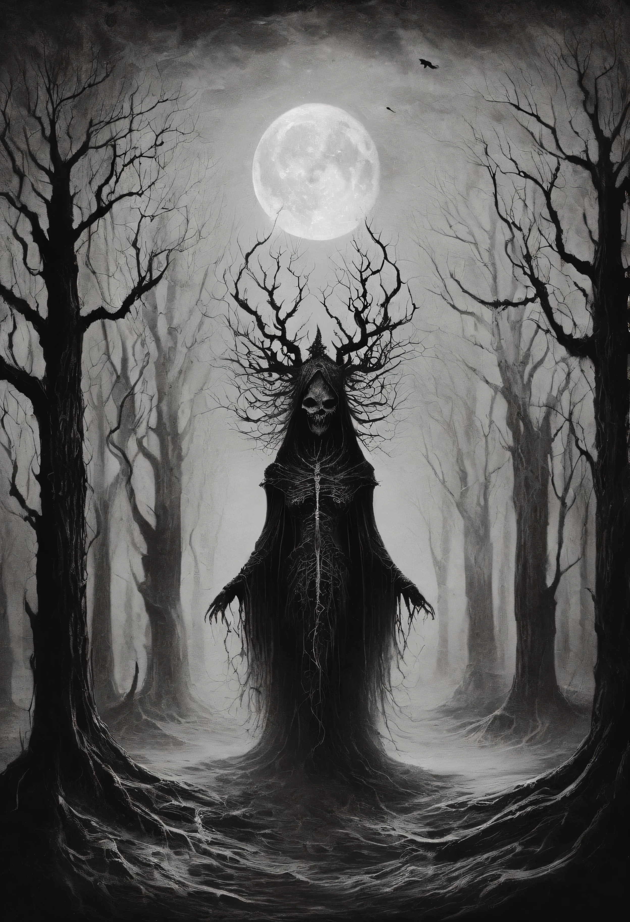 best quality, highres, ultra-detailed, monochrome, witch, hierograma style, xerox, fog, skull, decayed trees, dead trees, haunting atmosphere, mystical, eerie, dark, gothic, intricate linework, contrast, depth, macabre ambiance, hauntingly beautiful, atmospheric, ethereal, haunting presence, ghostly aura, mysterious, shadowy figures, ancient ritual, occult symbols, hauntingly delicate, enchanting, hauntingly poetic, foreboding, mystical energy, shrouded in mystery, spectral, otherworldly, bewitching, moonlight, hauntingly captivating, hauntingly dramatic, eerie silence, hauntingly desolate, hauntingly melancholic, hauntingly enchanting, hauntingly serene, hauntingly surreal, hauntingly atmospheric, hauntingly powerful, hauntingly mesmerizing, hauntingly haunting.