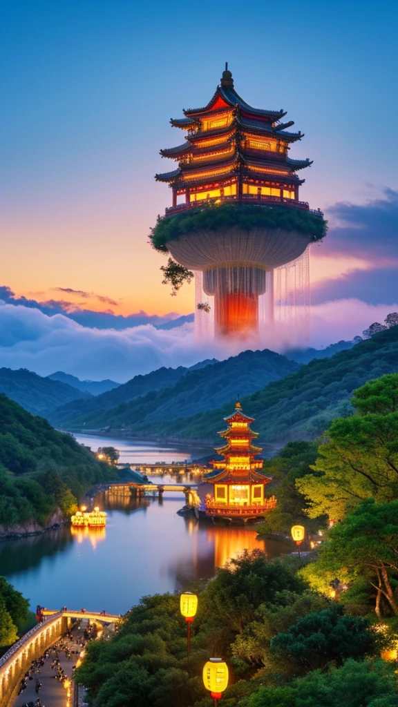 floating island，colorful clouds，China City Tower，Kongming lantern，romantic，fantasy，Beautiful，Spectacular views，32k