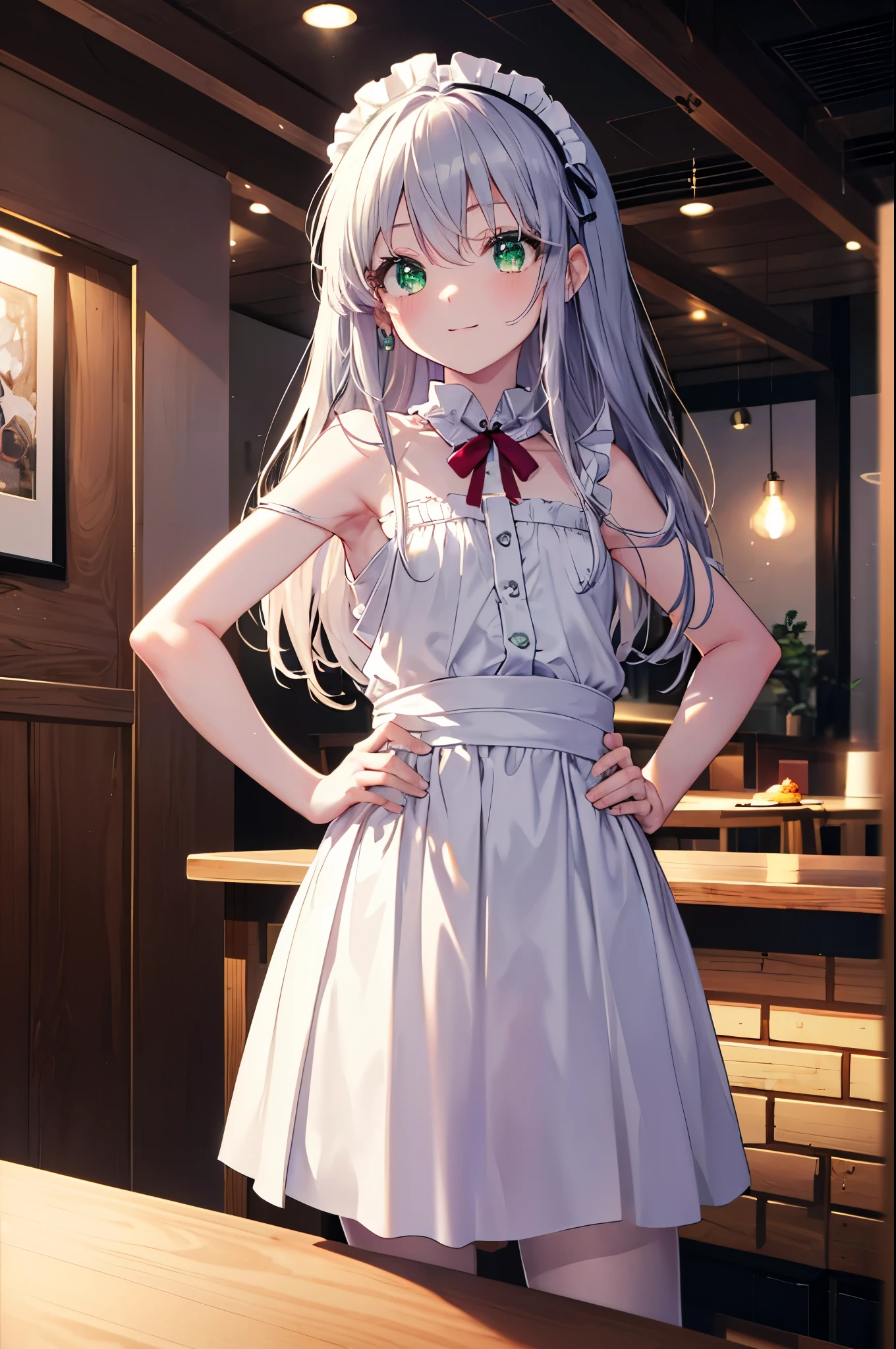 index, index, (green ruby eyes:1.5), silver hair, long hair, (flat chest:1.2),smile,blush,bossy,she was wearing a maid long skirt, white stockings on her legs,put both hands on hips,Standing in honor,bare shoulders,looking up from below,There's a lot of food on the table, break looking at viewer, Upper body, whole body, break indoors, restaurant,viking, break (masterpiece:1.2), highest quality, High resolution, unity 8k wallpaper, (figure:0.8), (detailed and beautiful eyes:1.6), highly detailed face, perfect lighting, Very detailed CG, (perfect hands, perfect anatomy),