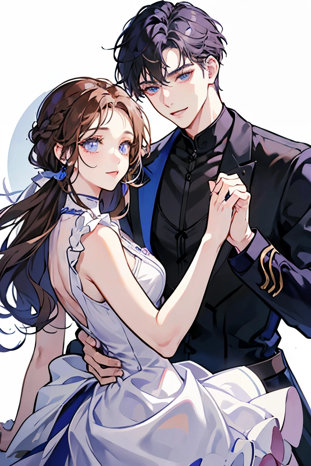 white background、Man with purple hair、droppy eyes、blue eyeole on face、white shirt、short hair、Handsome guy、chest、center division、Forehead、black slacks、smile、adult male、adult woman、woman in a black dress、long hair girl、men and women dancing the waltz、men and women dancing、brown hair girl
