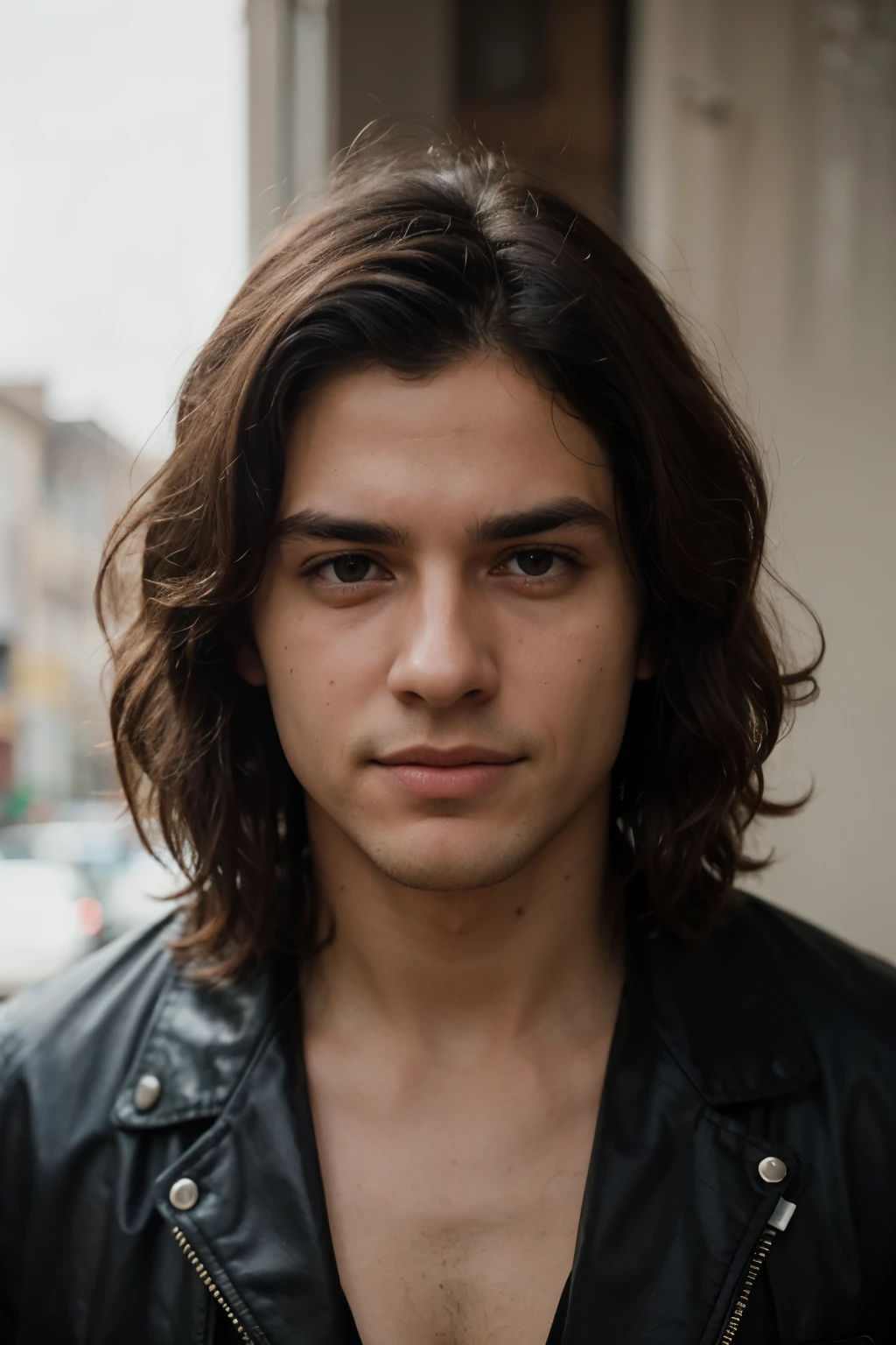 young slim Latino man in a suit and 3b curly brown hair behind his back, wavy hair below the ear, curly hair, handsome man, young Spanish man, portrait taken 8k, portrait of a young Italian man, intense look, menacing look, biker, attractive man, face cute, mischievous smile, cinematic photographic portrait, 50mm portrait, cinematic portrait
