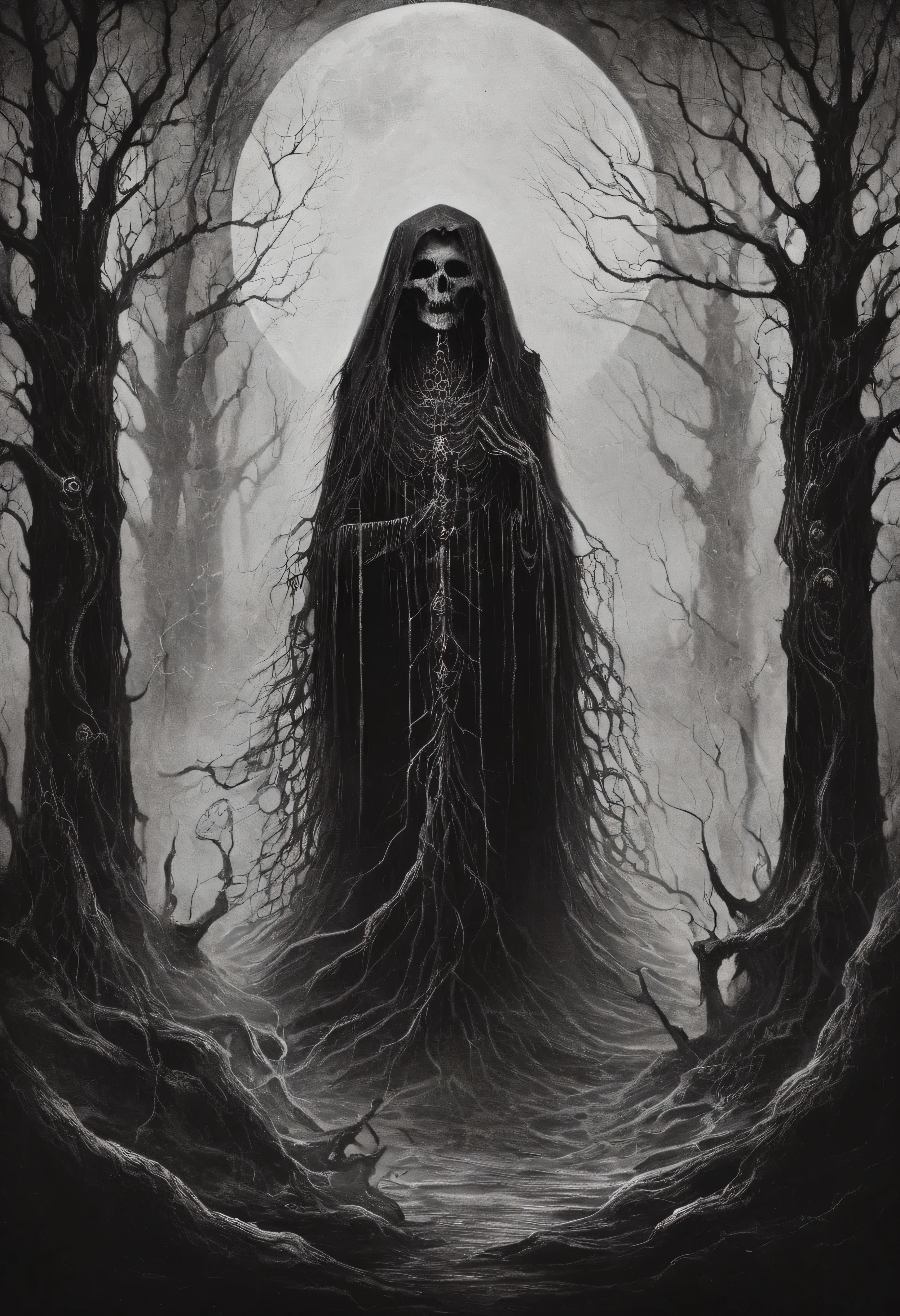 best quality, highres, ultra-detailed, monochrome, witch, hierograma style, xerox, fog, skull, decayed trees, dead trees, haunting atmosphere, mystical, eerie, dark, gothic, intricate linework, contrast, depth, macabre ambiance, hauntingly beautiful, atmospheric, ethereal, haunting presence, ghostly aura, mysterious, shadowy figures, ancient ritual, occult symbols, hauntingly delicate, enchanting, hauntingly poetic, foreboding, mystical energy, shrouded in mystery, spectral, otherworldly, bewitching, moonlight, hauntingly captivating, hauntingly dramatic, eerie silence, hauntingly desolate, hauntingly melancholic, hauntingly enchanting, hauntingly serene, hauntingly surreal, hauntingly atmospheric, hauntingly powerful, hauntingly mesmerizing, hauntingly haunting.