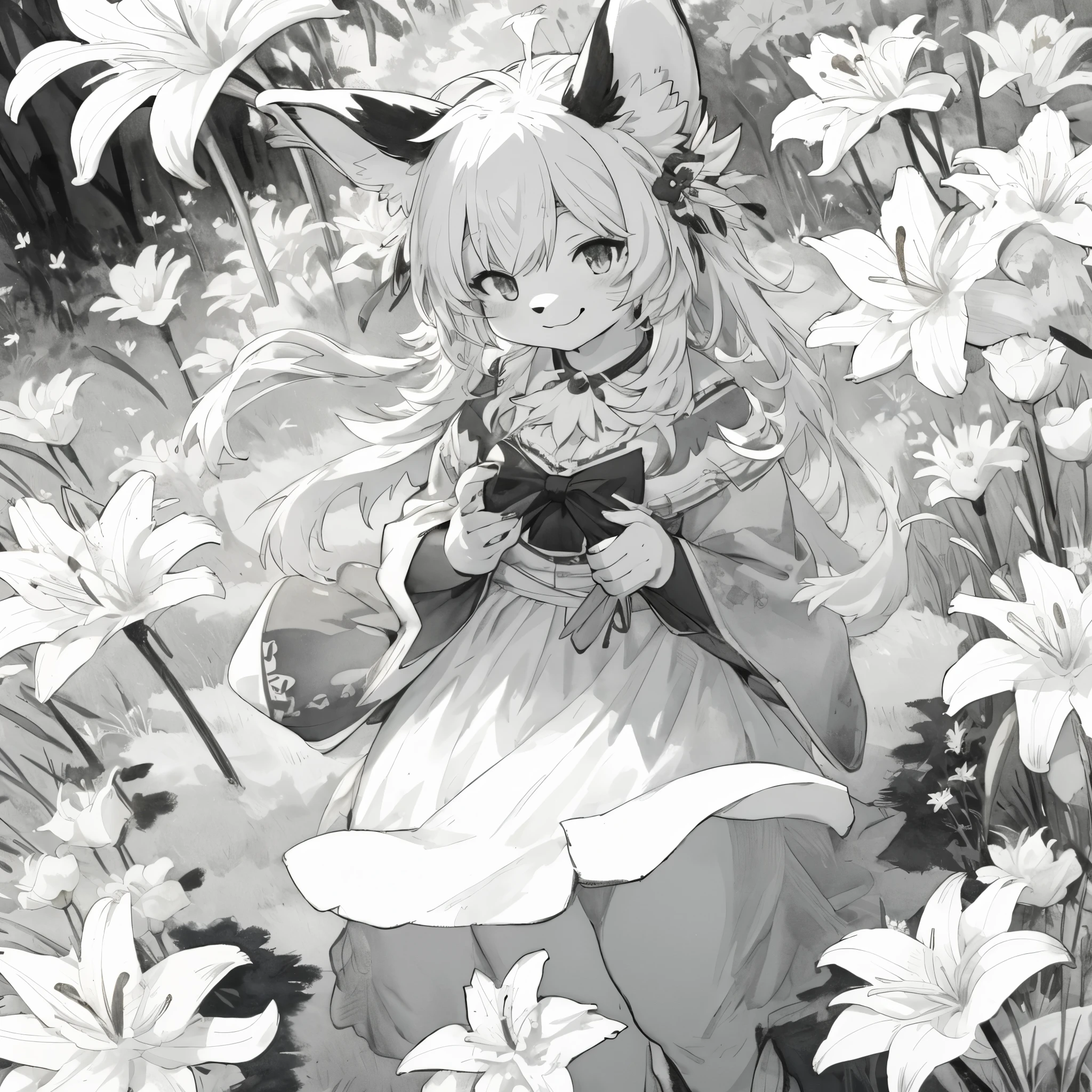 monochrome, watercolor, highres, top quality, best quality, paid reward available, High-quality illustrations, unparalleled masterpiece, perfect artwork, absurdres, 1girl, kemono, furry, detailed body fur, animal face, animal hand, Archaic Smile, holding a cluster of White lily in both hands, which are positioned at chest level, She is wearing a simple ring on the ring finger of her left hand, unfocused spread of White lily, fan-created work shared on platforms Pixiv or Twitter,