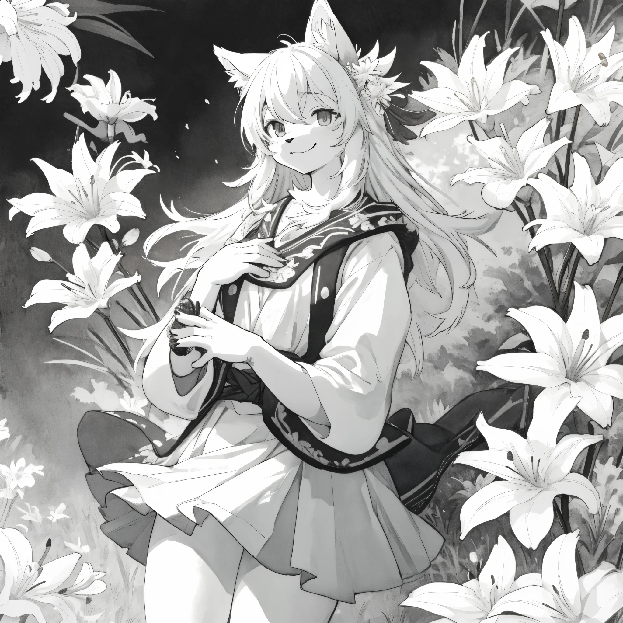 monochrome, watercolor, highres, top quality, best quality, paid reward available, High-quality illustrations, unparalleled masterpiece, perfect artwork, absurdres, 1girl, kemono, furry, detailed body fur, animal face, animal hand, Archaic Smile, holding a cluster of White lily in both hands, which are positioned at chest level, She is wearing a simple ring on the ring finger of her left hand, unfocused spread of White lily, fan-created work shared on platforms Pixiv or Twitter,