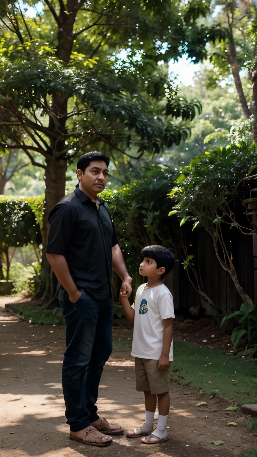 In the image, a young boy named Ramu stands in a lush green forest surrounded by towering trees. His father, a strong and wise figure, stands beside him, pointing towards a majestic tree. Ramu listens attentively, his eyes filled with determination and hope. Sunlight filters through the leaves, illuminating the scene and highlighting the bond between father and son as they embark on a journey of growth and self-discovery.