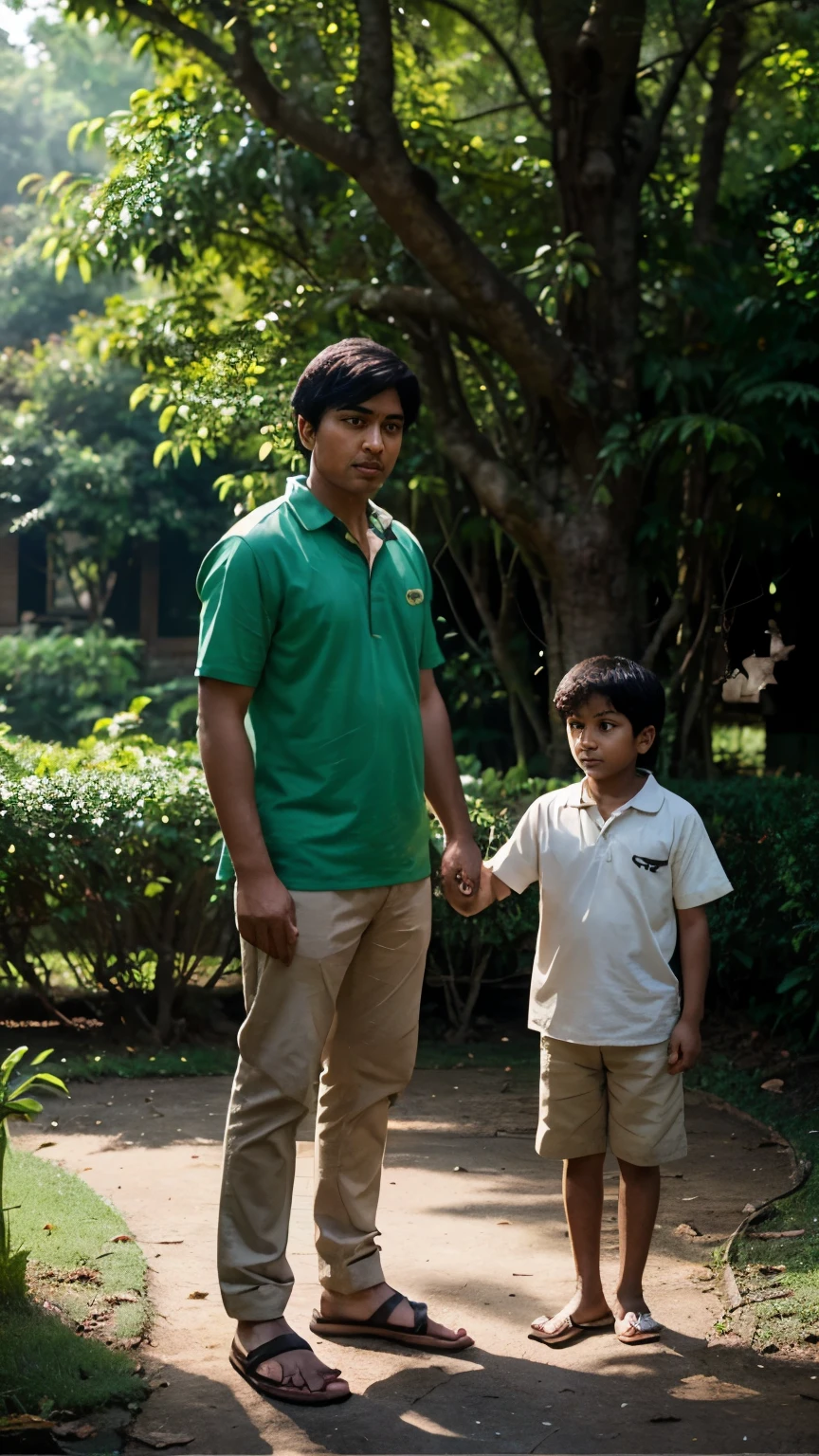 In the image, a young boy named Ramu stands in a lush green forest surrounded by towering trees. His father, a strong and wise figure, stands beside him, pointing towards a majestic tree. Ramu listens attentively, his eyes filled with determination and hope. Sunlight filters through the leaves, illuminating the scene and highlighting the bond between father and son as they embark on a journey of growth and self-discovery.
