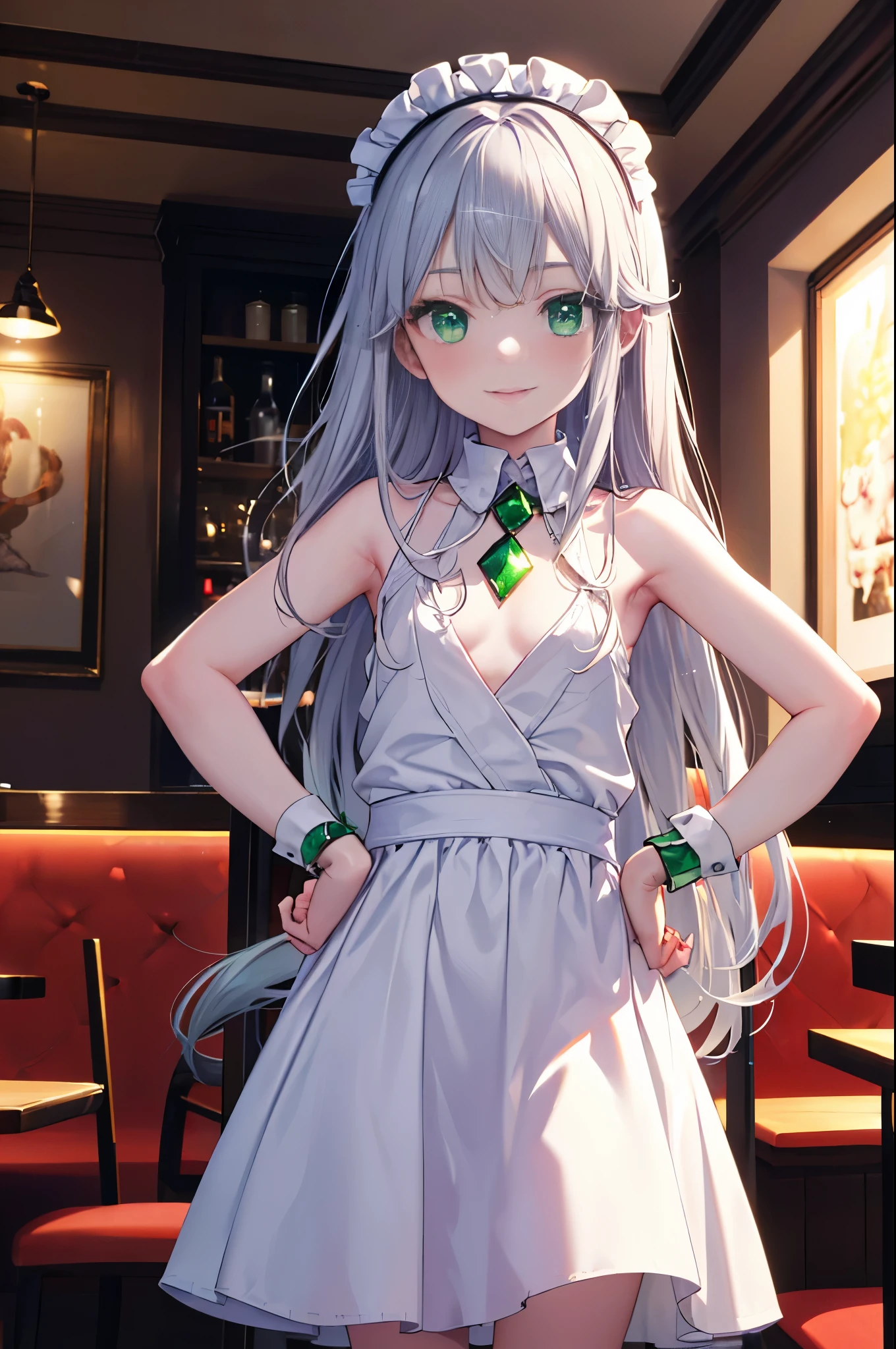 index, index, (green ruby eyes:1.5), silver hair, long hair, (flat chest:1.2),smile,blush,bossy,she was wearing a maid long skirt, white stockings on her legs,put both hands on hips,Standing in honor,bare shoulders,looking up from below,There&#39;s a lot of food on the table, break looking at viewer, Upper body, whole body, break indoors, restaurant,viking, break (masterpiece:1.2), highest quality, High resolution, unity 8k wallpaper, (figure:0.8), (detailed and beautiful eyes:1.6), highly detailed face, perfect lighting, Very detailed CG, (perfect hands, perfect anatomy),