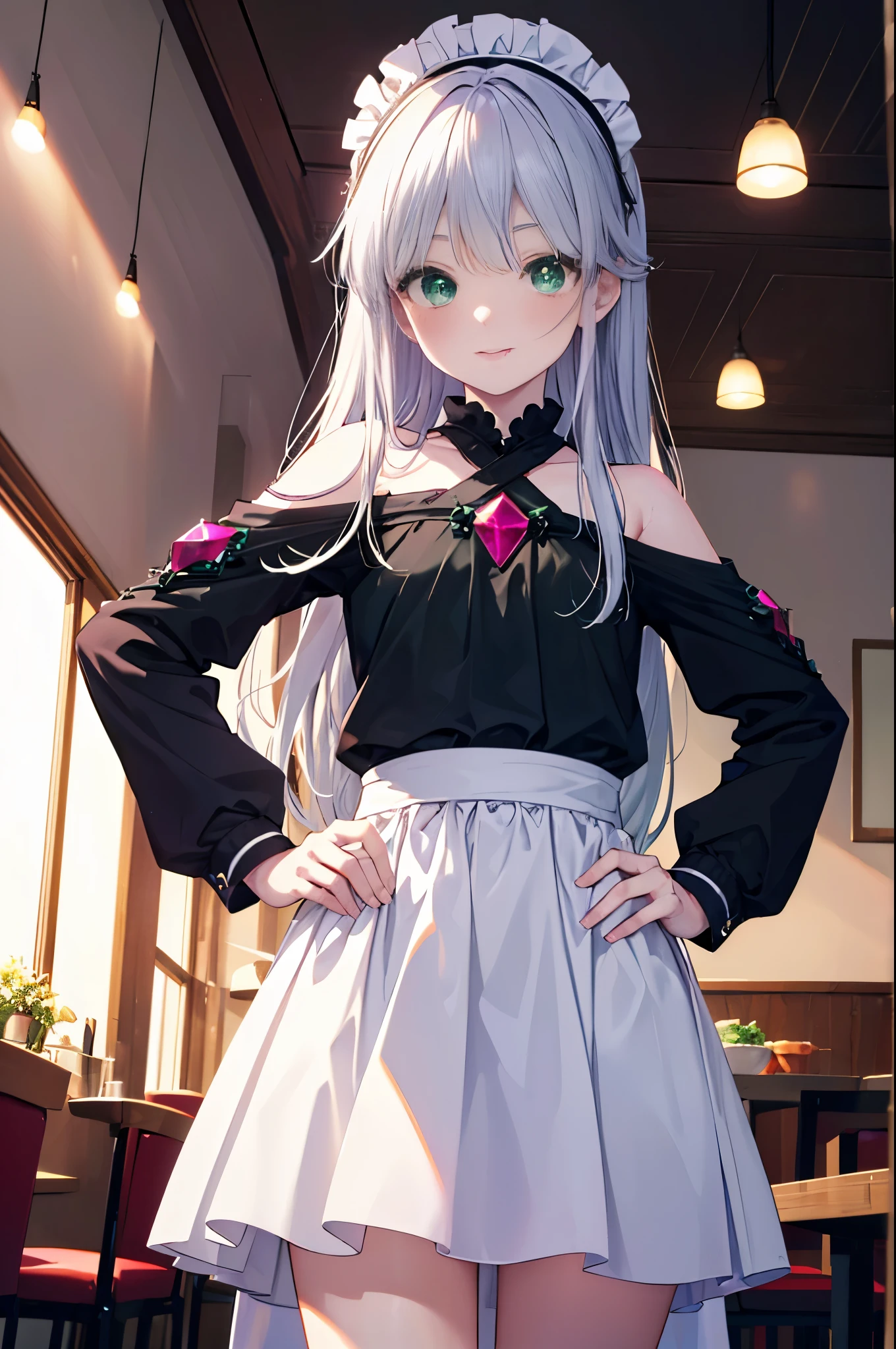 index, index, (green ruby eyes:1.5), silver hair, long hair, (flat chest:1.2),smile,blush,bossy,she was wearing a maid long skirt, white stockings on her legs,put both hands on hips,Standing in honor,bare shoulders,looking up from below,There's a lot of food on the table, break looking at viewer, Upper body, whole body, break indoors, restaurant,viking, break (masterpiece:1.2), highest quality, High resolution, unity 8k wallpaper, (figure:0.8), (detailed and beautiful eyes:1.6), highly detailed face, perfect lighting, Very detailed CG, (perfect hands, perfect anatomy),