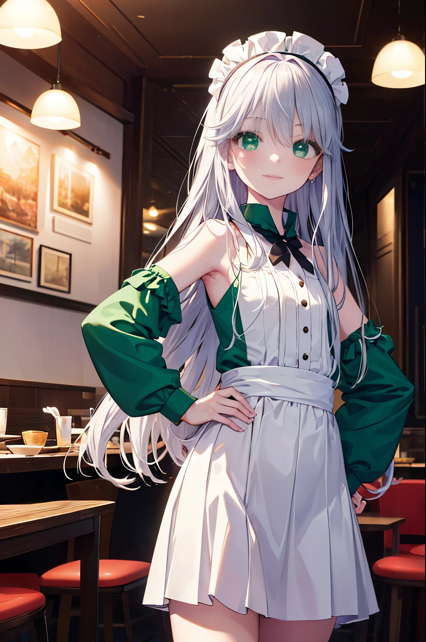 index, index, (green ruby eyes:1.5), silver hair, long hair, (flat chest:1.2),smile,blush,bossy,she was wearing a maid long skirt, white stockings on her legs,put both hands on hips,Standing in honor,bare shoulders,looking up from below,There's a lot of food on the table, break looking at viewer, Upper body, whole body, break indoors, restaurant,viking, break (masterpiece:1.2), highest quality, High resolution, unity 8k wallpaper, (figure:0.8), (detailed and beautiful eyes:1.6), highly detailed face, perfect lighting, Very detailed CG, (perfect hands, perfect anatomy),
