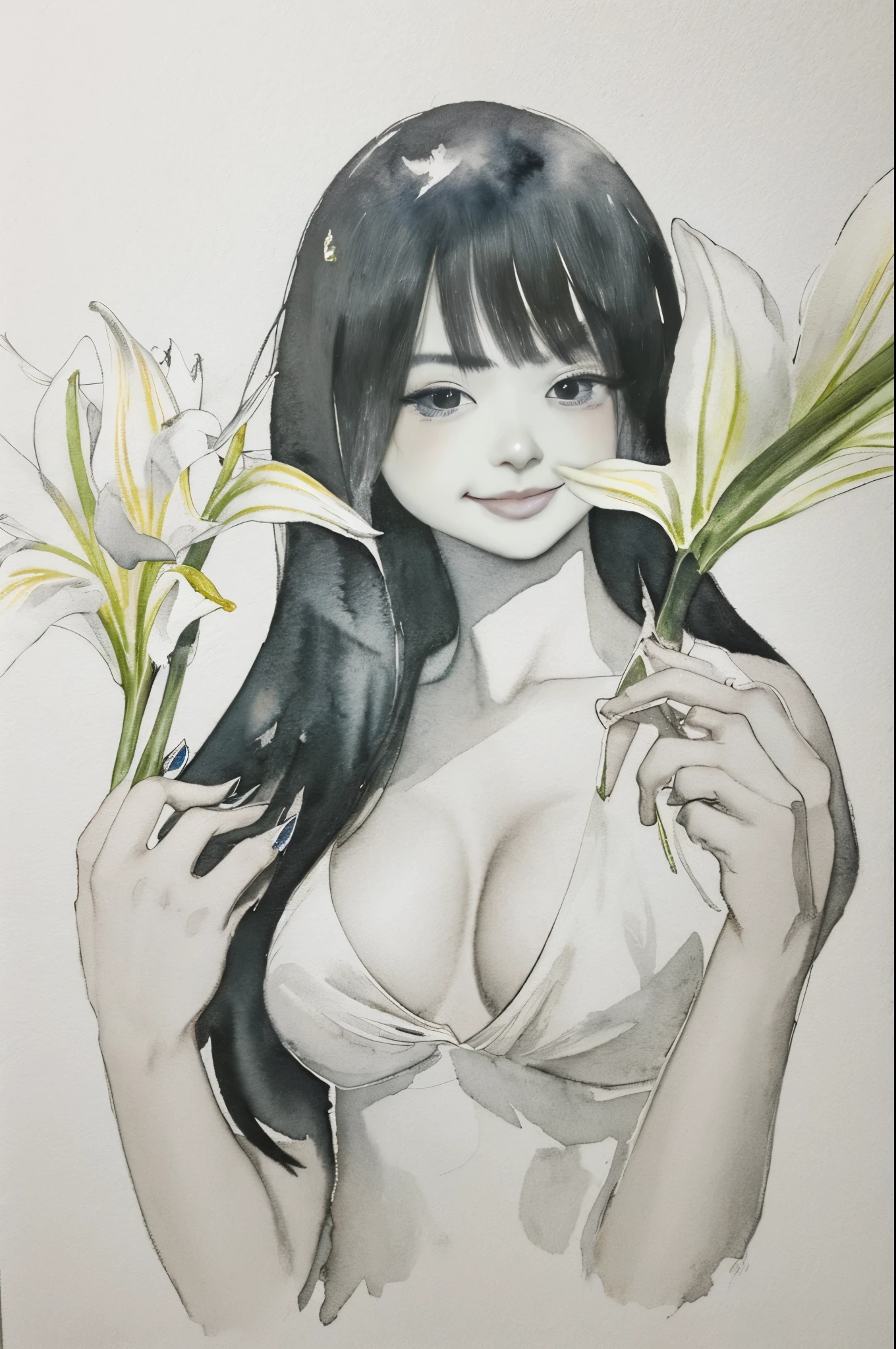 monochrome, watercolor, highres, top quality, best quality, paid reward available, High-quality illustrations, unparalleled masterpiece, perfect artwork, absurdres, 1girl, kemono, furry, detailed body fur, animal face, animal hand, Archaic Smile, holding a cluster of White lily in both hands, which are positioned at chest level, She is wearing a simple ring on the ring finger of her left hand, unfocused spread of White lily, fan-created work shared on platforms Pixiv or Twitter,