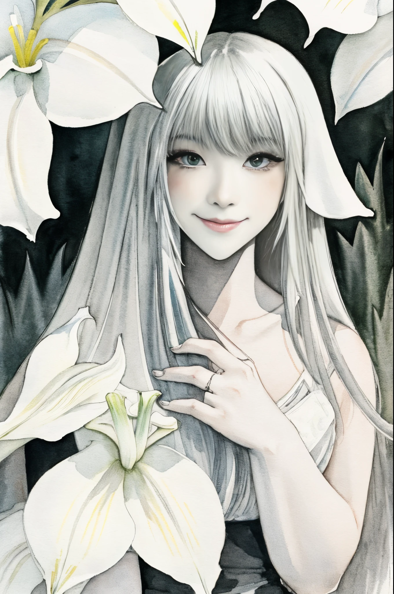 monochrome, watercolor, highres, top quality, best quality, paid reward available, High-quality illustrations, unparalleled masterpiece, perfect artwork, absurdres, 1girl, kemono, furry, detailed body fur, animal face, animal hand, Archaic Smile, holding a cluster of White lily in both hands, which are positioned at chest level, She is wearing a simple ring on the ring finger of her left hand, unfocused spread of White lily, fan-created work shared on platforms Pixiv or Twitter,