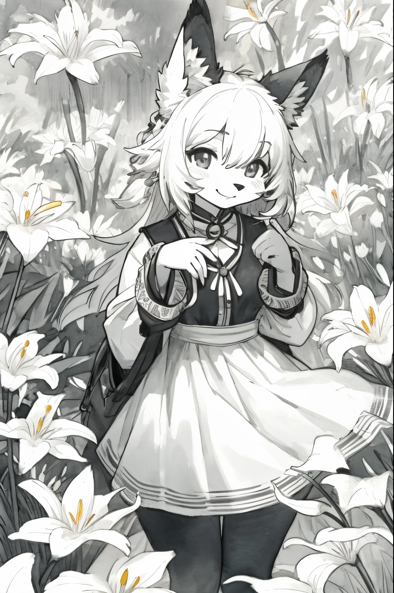 monochrome, watercolor, highres, top quality, best quality, paid reward available, High-quality illustrations, unparalleled masterpiece, perfect artwork, absurdres, 1girl, kemono, furry, detailed body fur, animal face, animal hand, Archaic Smile, holding a cluster of White lily in both hands, which are positioned at chest level, She is wearing a simple ring on the ring finger of her left hand, unfocused spread of White lily, fan-created work shared on platforms Pixiv or Twitter,