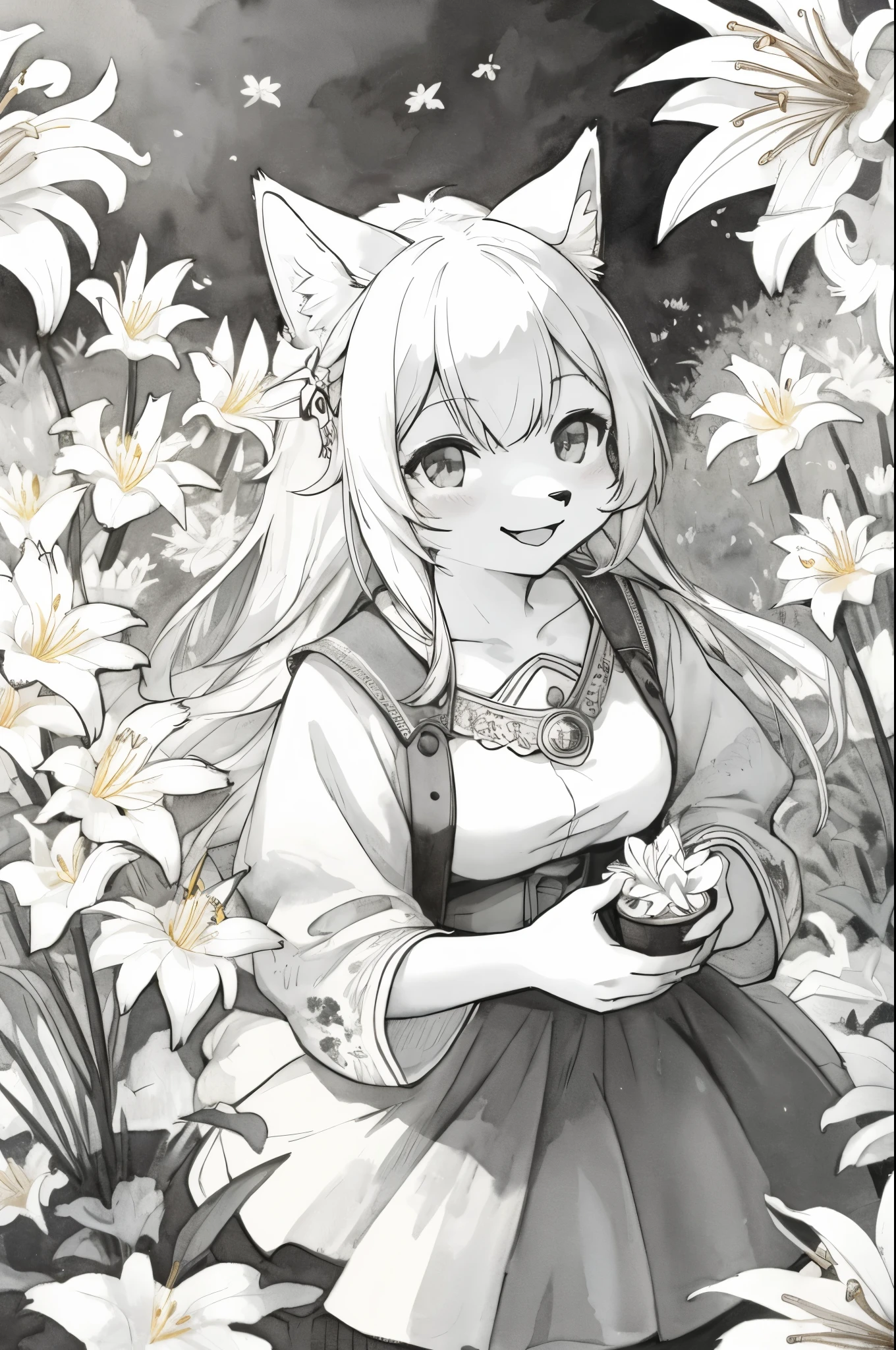 monochrome, watercolor, highres, top quality, best quality, paid reward available, High-quality illustrations, unparalleled masterpiece, perfect artwork, absurdres, 1girl, kemono, furry, detailed body fur, animal face, animal hand, Archaic Smile, holding a cluster of White lily in both hands, which are positioned at chest level, She is wearing a simple ring on the ring finger of her left hand, unfocused spread of White lily, fan-created work shared on platforms Pixiv or Twitter,