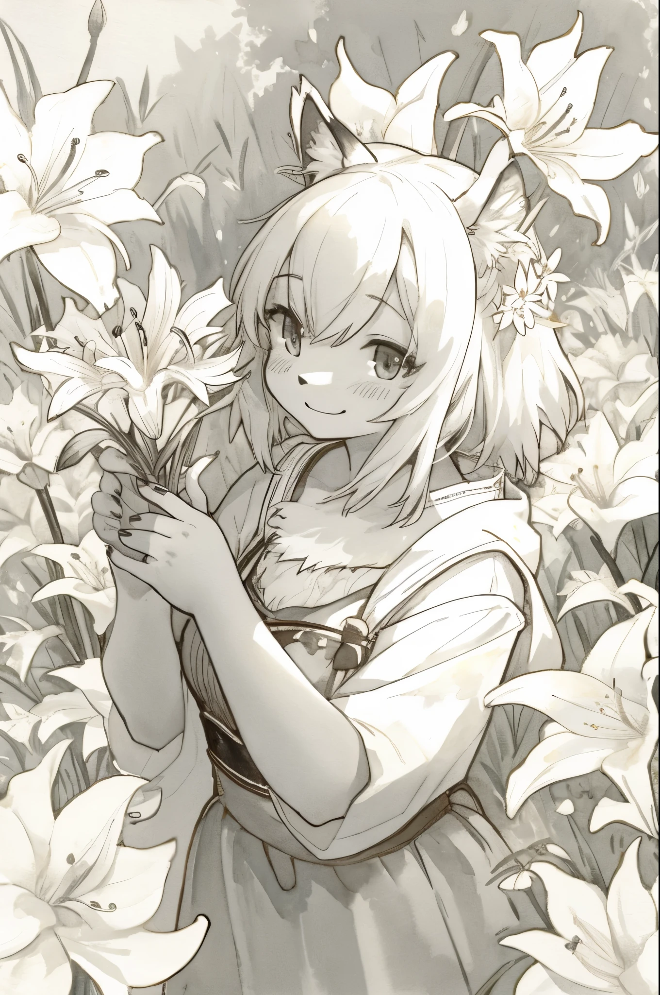 monochrome, watercolor, highres, top quality, best quality, paid reward available, High-quality illustrations, unparalleled masterpiece, perfect artwork, absurdres, 1girl, kemono, furry, detailed body fur, animal face, animal hand, Archaic Smile, holding a cluster of White lily in both hands, which are positioned at chest level, She is wearing a simple ring on the ring finger of her left hand, unfocused spread of White lily, fan-created work shared on platforms Pixiv or Twitter,