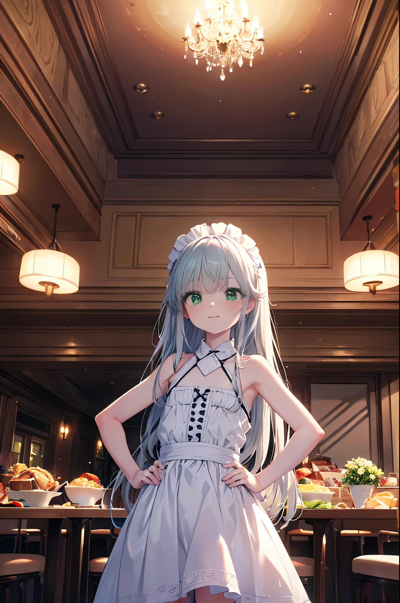 index, index, (green  eyes:1.5), silver hair, long hair, (flat chest:1.2),smile,blush,bossy,she was wearing a maid long skirt, white stockings on her legs,put both hands on hips,Standing in honor,bare shoulders,looking up from below,There&#39;s a lot of food on the table, break looking at viewer, Upper body, whole body, break indoors, restaurant,viking, break (masterpiece:1.2), highest quality, High resolution, unity 8k wallpaper, (figure:0.8), (detailed and beautiful eyes:1.6), highly detailed face, perfect lighting, Very detailed CG, (perfect hands, perfect anatomy),